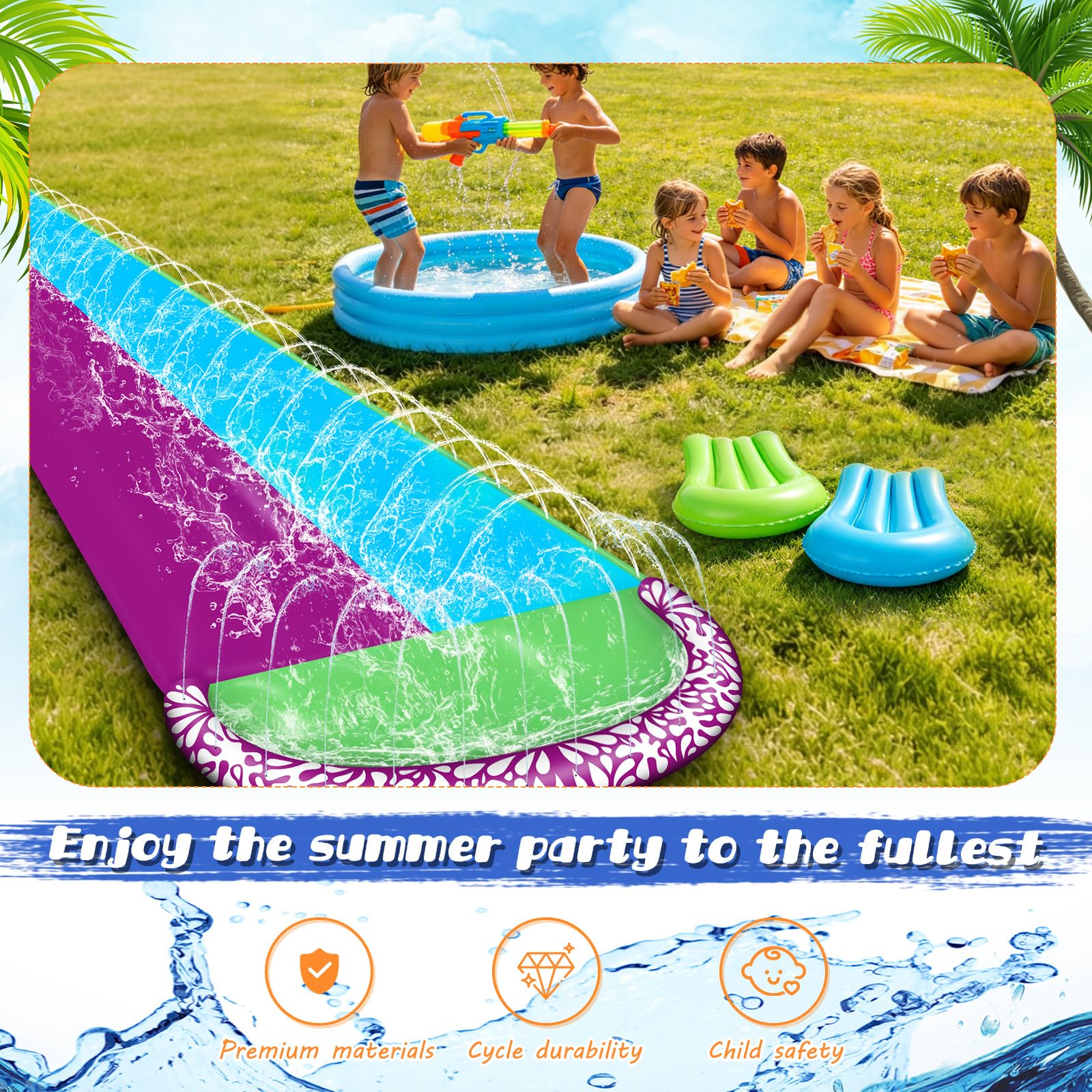 Wasserrutsche Garten 610x240cm mit 2 Bodyboards Doppelrutsche Eingebautem Sprinkler Sommer-Wasserspielzeug