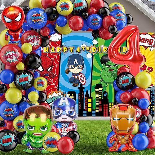 126 suministros para fiesta de 4 cumpleaños de superhéroe, kit de arco de guirnalda de globos de superhéroe, incluye arco de globos de superhéroe,