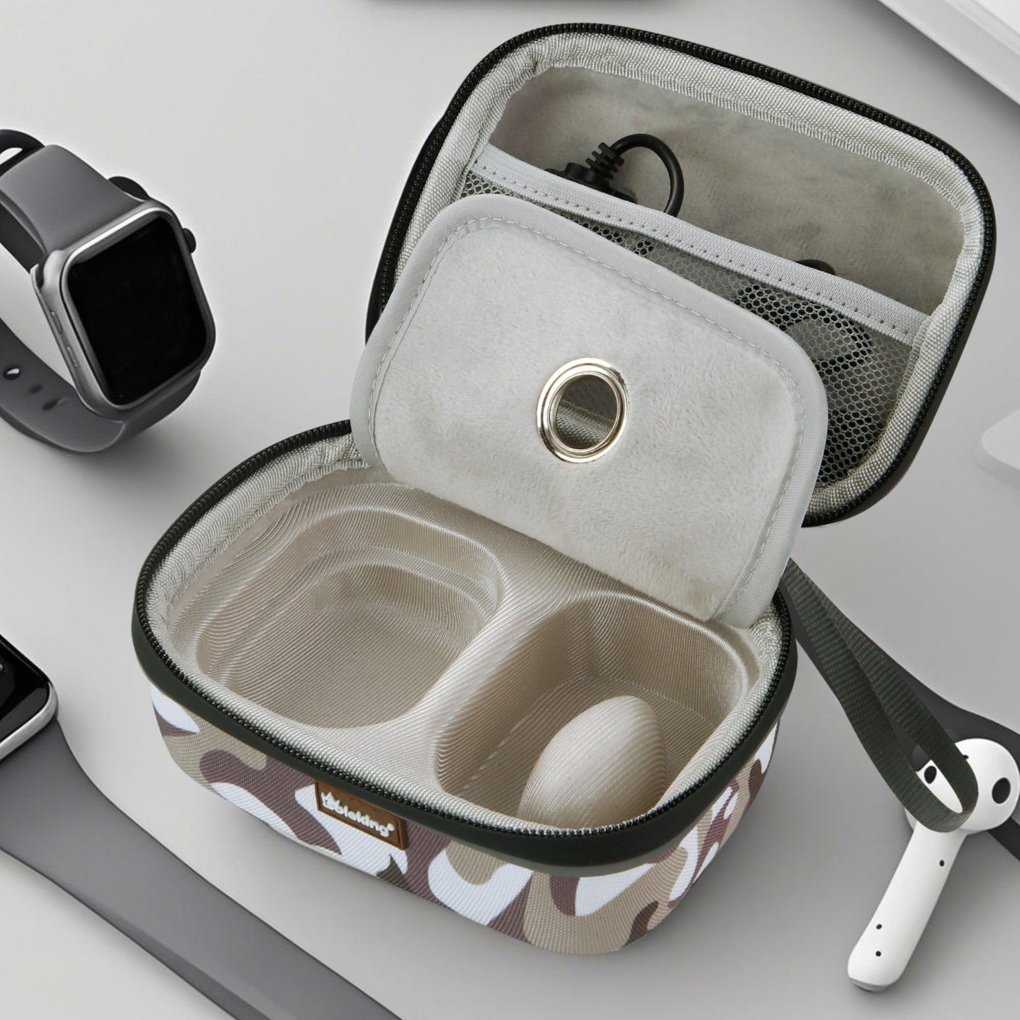 Taktische Uhrenbox, Reiseetui für Uhren im Tarnmuster mit Karabinerhaken für Armbanduhren, Smartwatches, AirPods, Ohrhörer