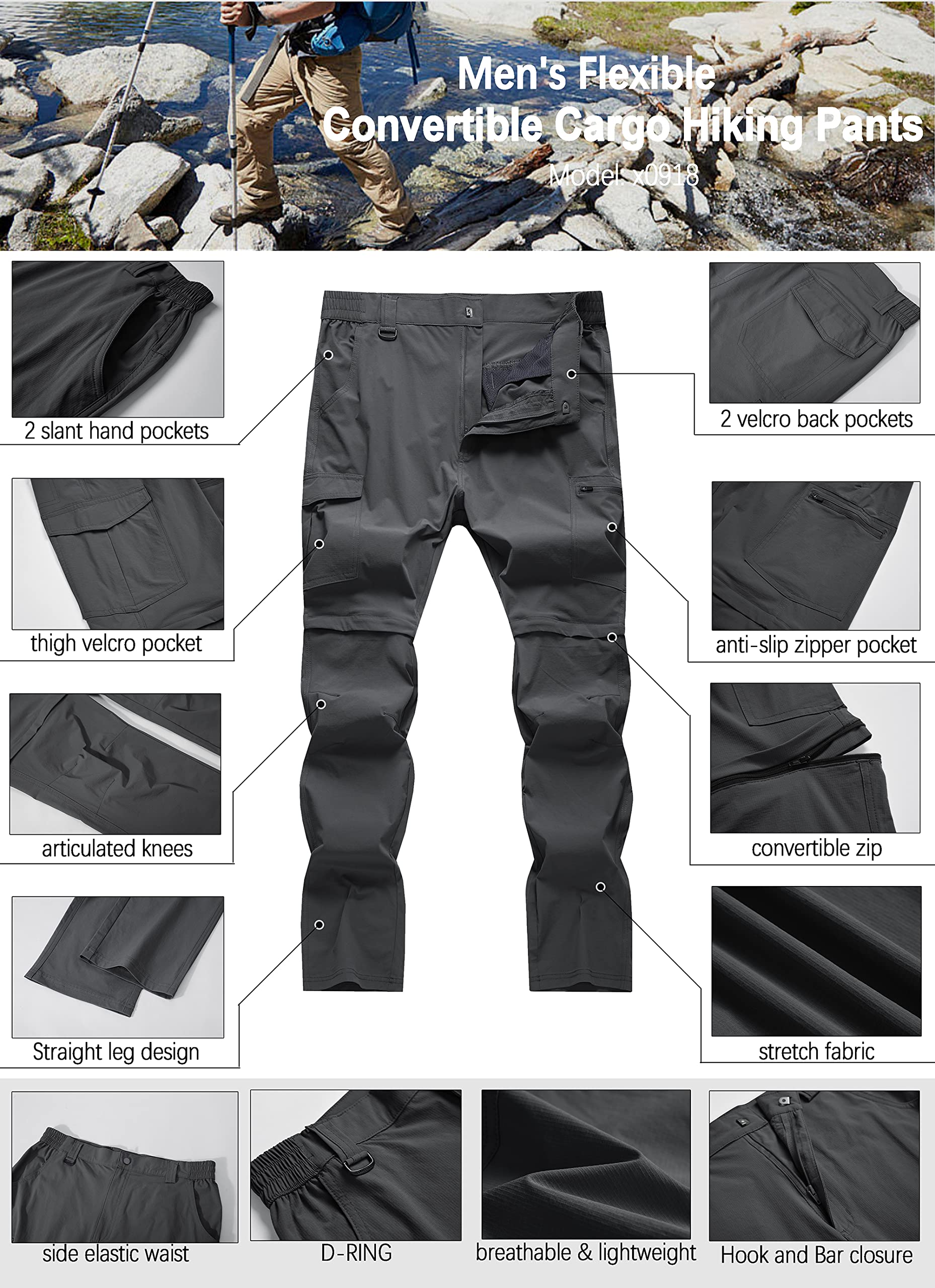Pantalones de senderismo para hombre, convertibles, ligeros, impermeables, de secado rápido, para exteriores, pesca, viajes, safari, camping