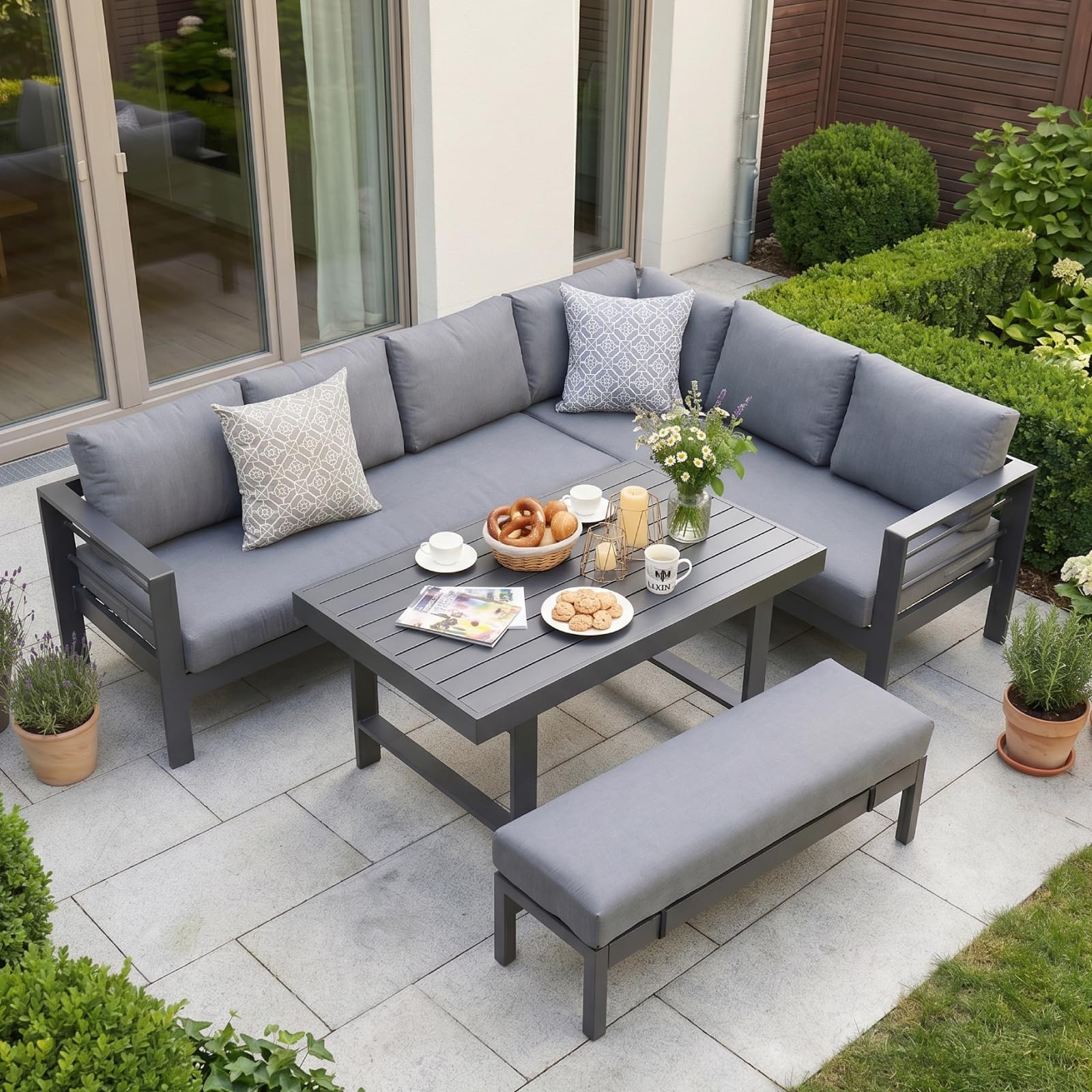 Atenza Gartenlounge wetterfest, Ecksofa 6-8 Personen mit Tisch, Grau | Rostfreies Aluminium, WPC-Tischplatte, 12 cm Kissen, waschbare Bezüge, Sitzbank, Terrasse & Garten