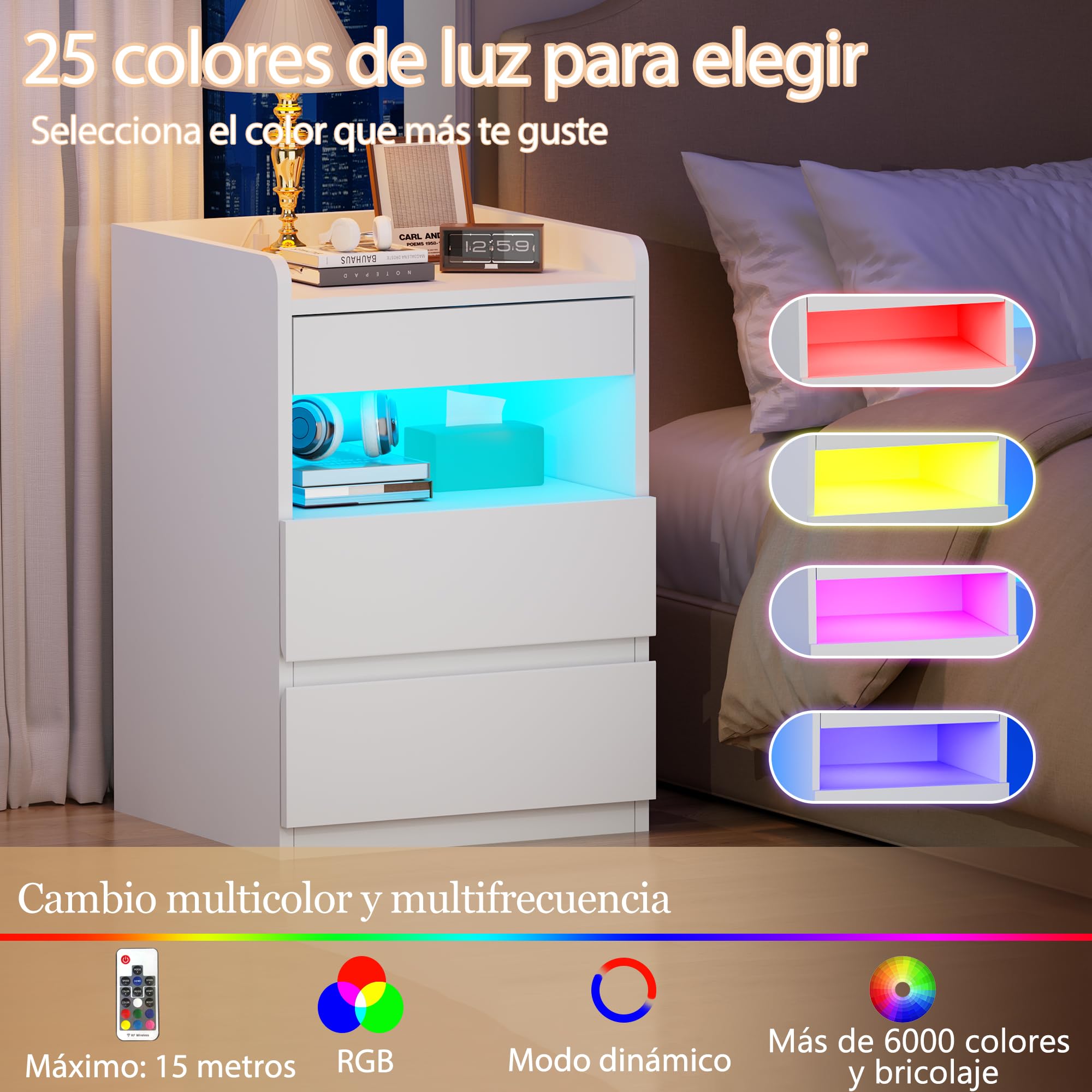 BEWISHOME Juego de 2 Mesitas de Noche,con Compartimento Oculto,con Luces LED y Estación de Carga Mesas Auxiliares(2 Tomas AC 2 Puertos USB),para Salón,Dormitorio (Blanco) EFCG02W