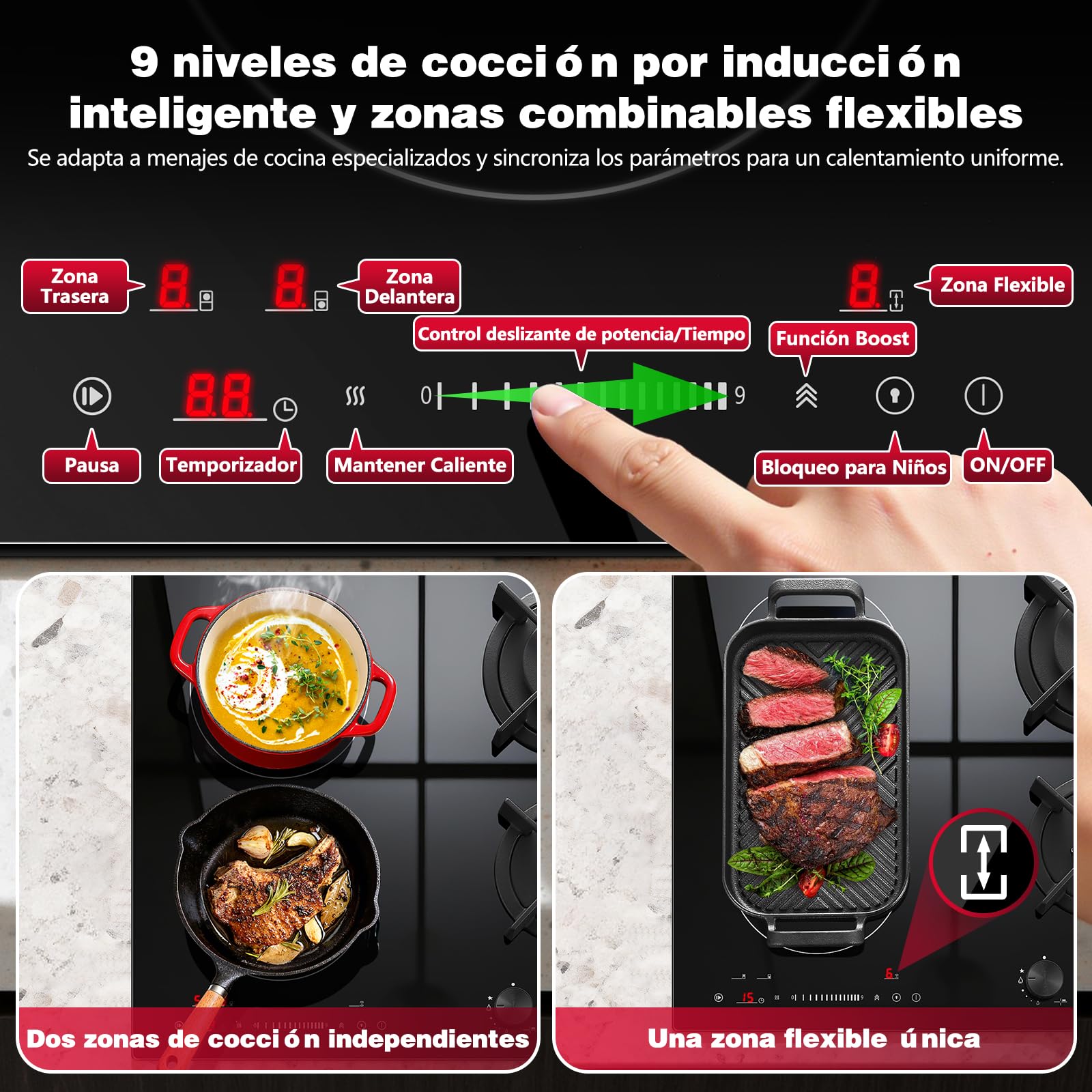 SNDOAS Placas Mixtas Inducción y Gas 4 Fuegos Empotrable, Placa Inducción 2 Zonas con Función Puente, Boost y Mantenimiento Calor, Placa de Gas 2 Zonas Wok 3400W, Temporizador, Bloqueo Infantil