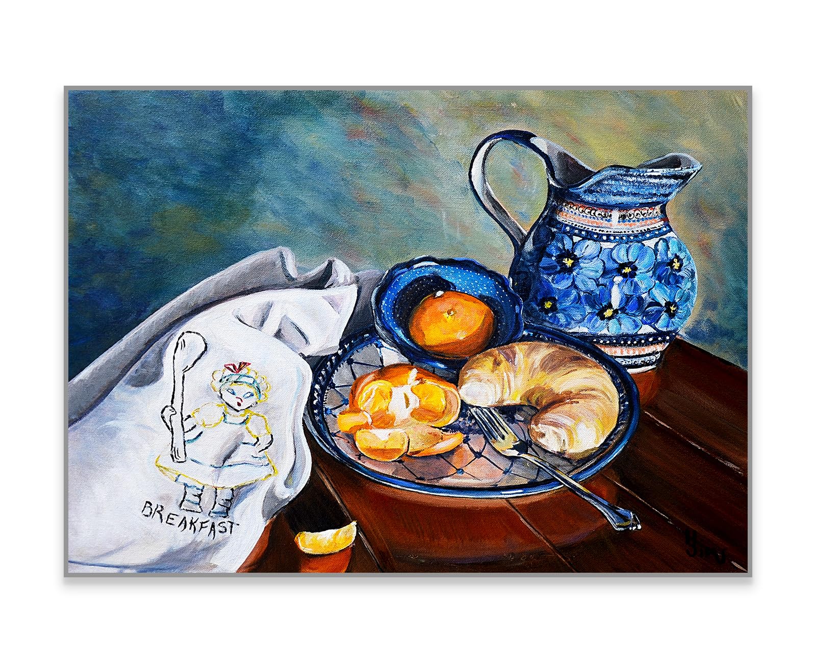 Polish Pottery Stoneware Still Life Art Print, Artwork Orange Blue Kitchen Farmhouse Decor, Size Mat Option