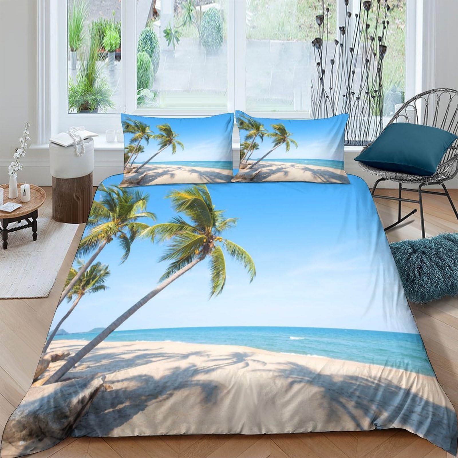 Ctjqhvkz Style-2 3D Printed Tropical Beach Fitted Sheet Microfiber Soft Palm Tree Bed Cover For Bedroom Guest Room Mattress Decor Single（135X200cm）