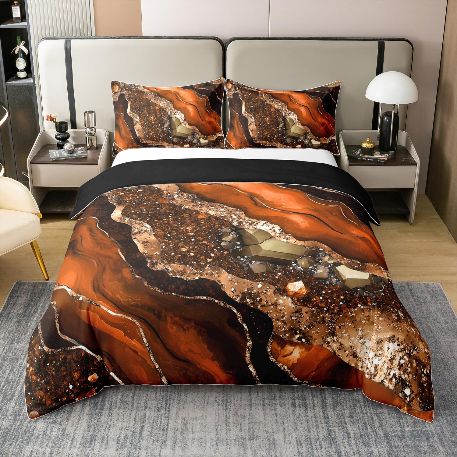 Parure de lit en coton Homewish marbré doré et orange pour ado