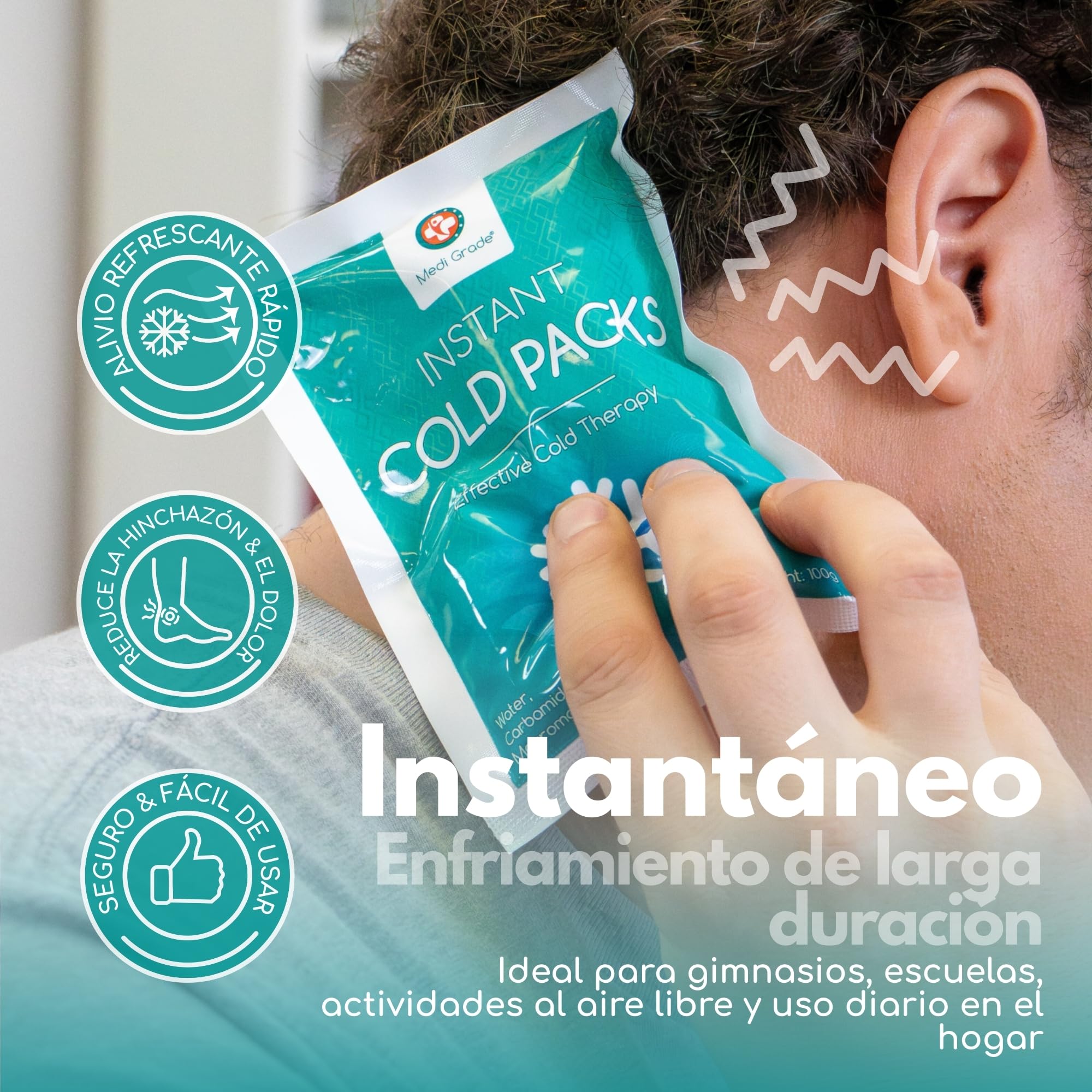 Medi Grade Bolsas de Frío Instantáneo 30 uds de 100 g – Bolsas de Gel Frío para Alivio Rápido, Sin Frigorífico con Banda de Sujeción –ideal para Lesiones en Tobillos y Rodillas –Medidas 11,43x15,24 cm