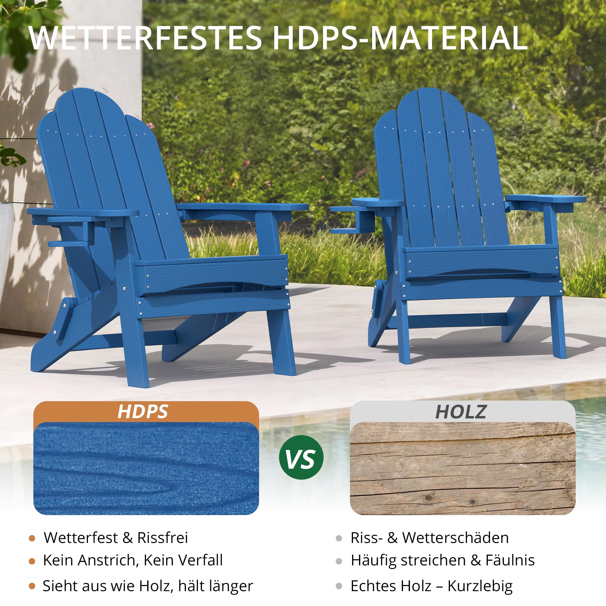 LUE BONA Adirondack Stuhl Klappbar aus Wetterfestem HDPS - 17.1 kg Schwerer Gartenstuhl mit Holzmaserung für Garten, Blau
