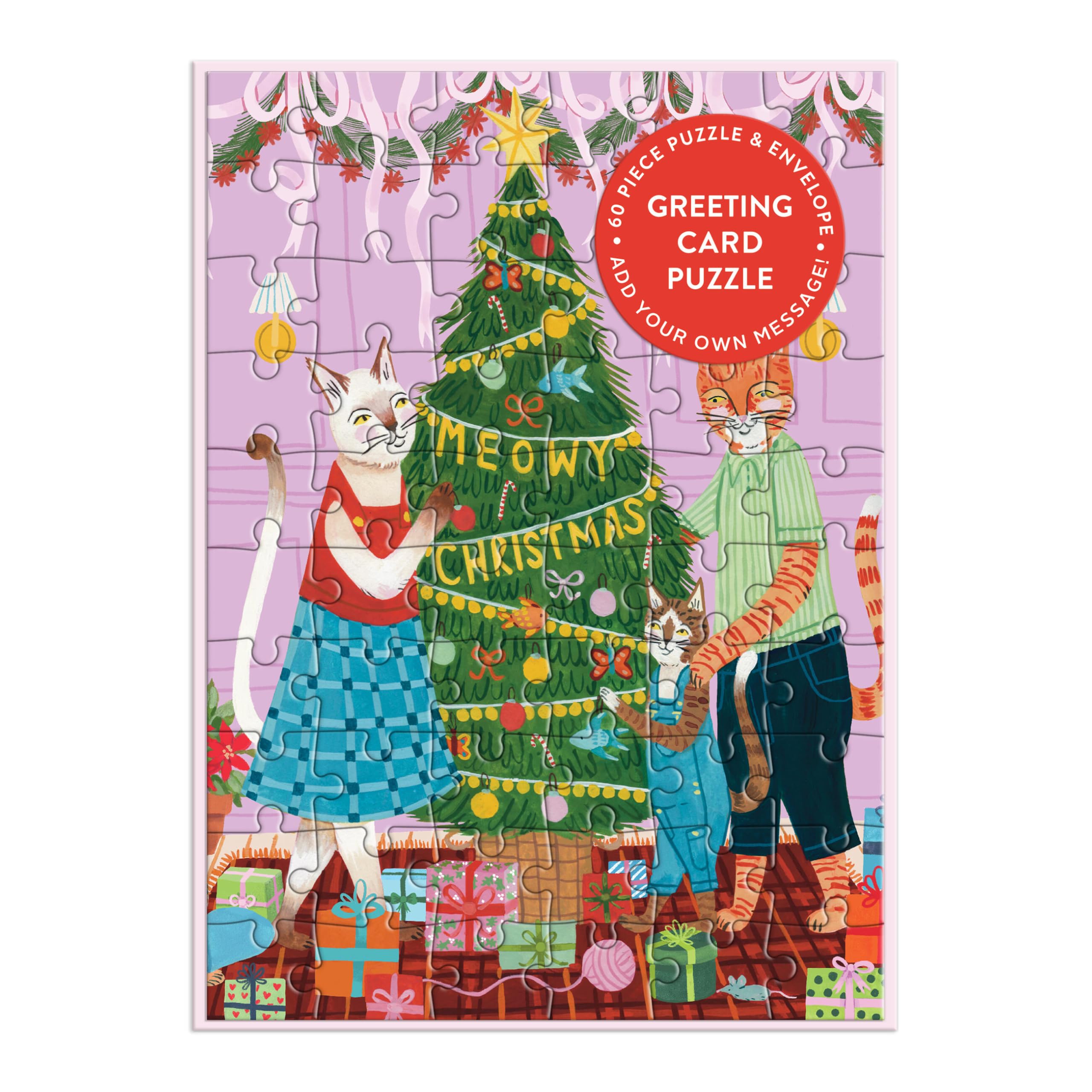 Galison Meowy Christmas – Adorable Cat Christmas Greeting and Jigsaw Puzzle Card Includes Color Coordinated Envelope and Sticker Seal