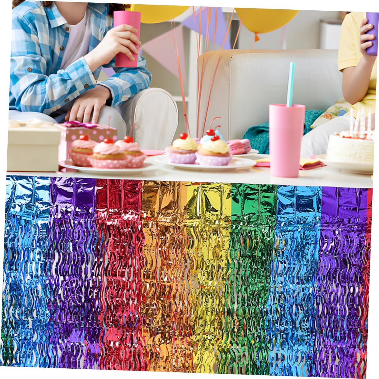 Rainbow Wavy Foil Fringe Table Skirt Colorful Tinsel Table Decoration for Birthday Wedding Shower Thanksgiving Sturdy Reusable Design