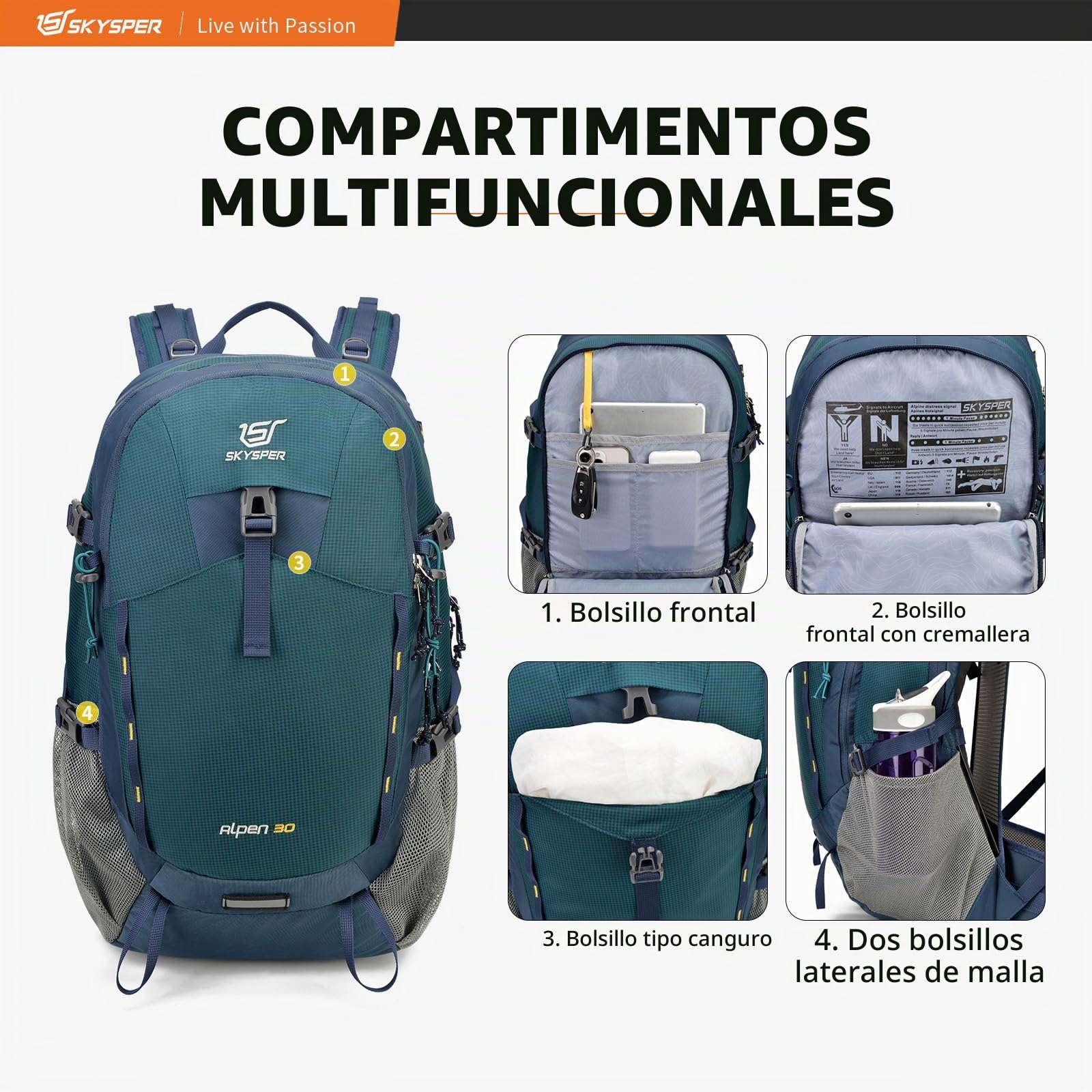 SKYSPER Mochila de Senderismo 30L Mochila de Trekking | con cubierta impermeable, Espalda de Malla excursiones de un día con Cinturón de Cadera para Mochila al Aire Libre