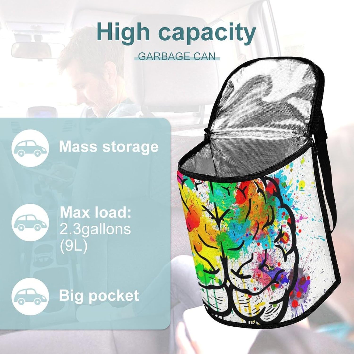 MUSM Leakproof Car Trash Can 2.5 Gallon, Durable Automotive Garbage Bag with Waterproof Liner, Hand Drawn Brain Trash Bag for Car, Truck, RV & Bathroom