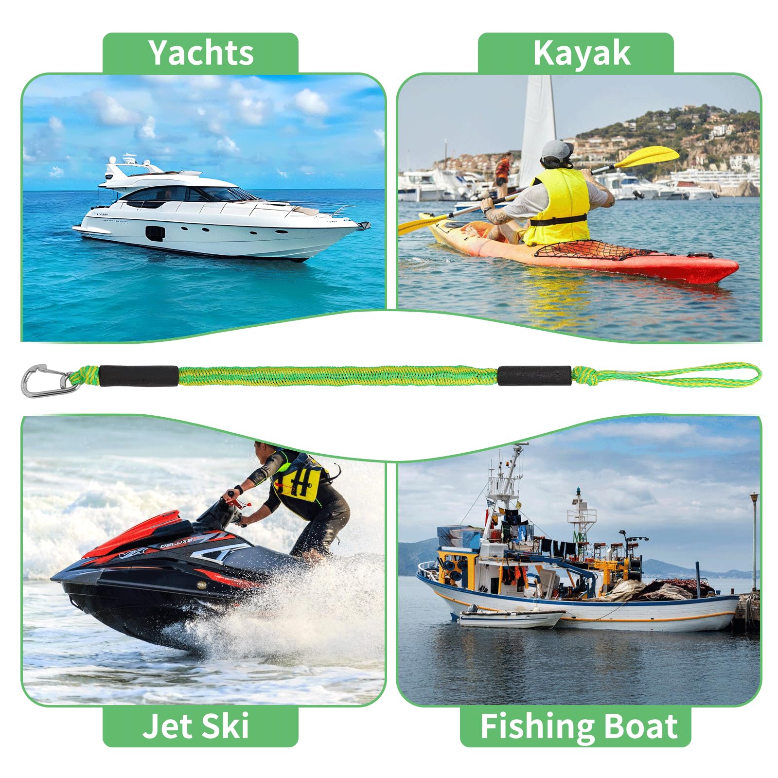 EFUTURETIME 2 x Corde d'Amarrage Bateau 10cm Bungee Corde Kayak Extensible, Dock Line Cord avec Crochet pour Kayak, Bateau à Moteu, Canoë, Pontoon (Vert)