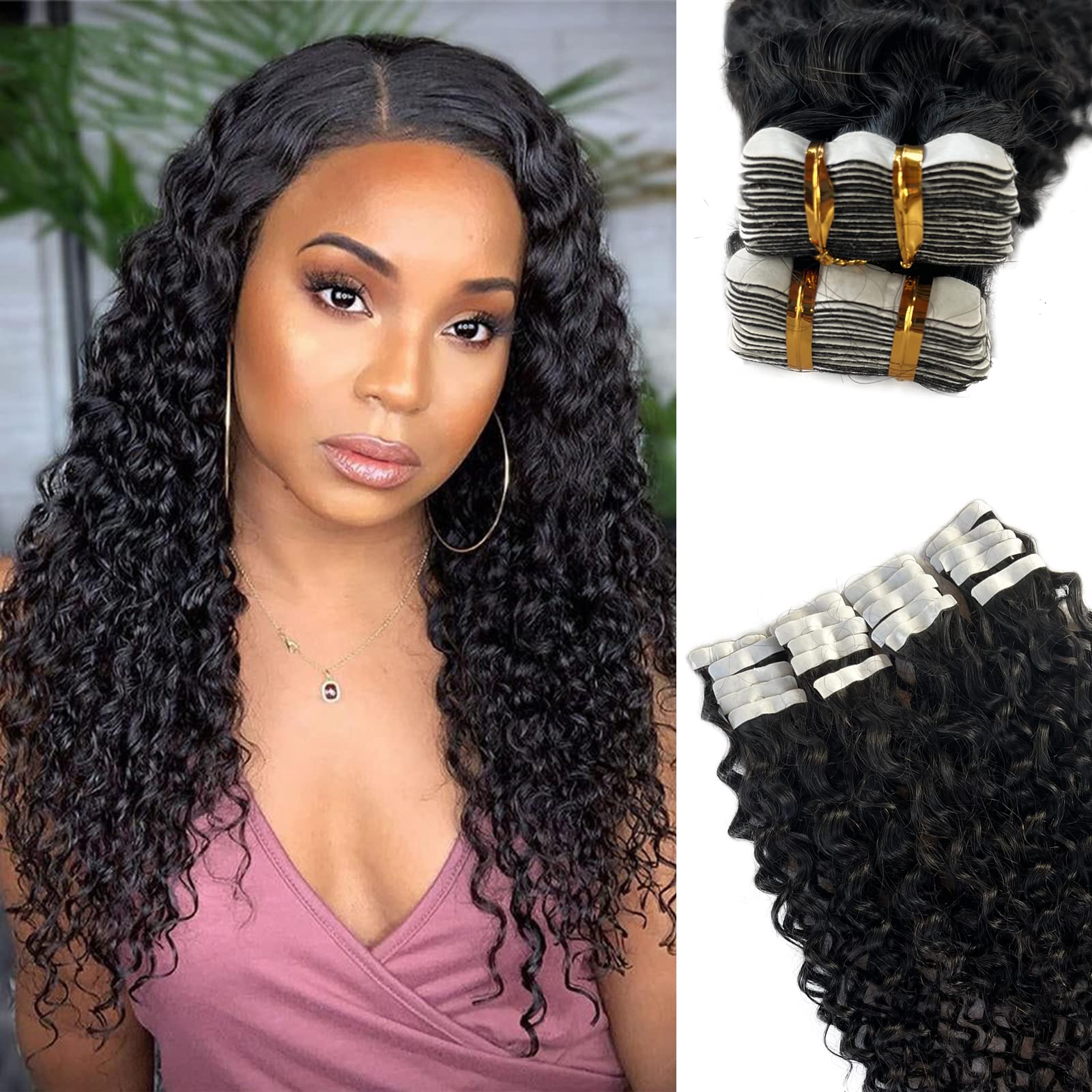 Black Wavy Tape in Hair Extensions for Black Women 18inch 100% Real Hair Extensions Curly Wave Tape in Natural Black Hair Extensions 20pcs 50g