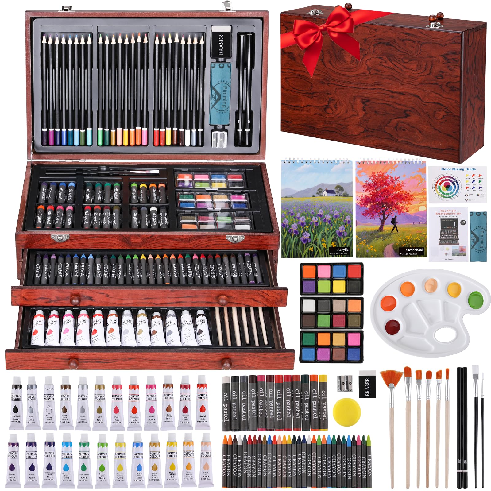 MAMIZO 202-Teiliges Premium Malset,Malkoffer mit Wachsmalstiften,Buntstiften,Ölpastellen und Acrylfarben,Staffelei und Holzkiste,Malset für Kinder & Anfänger,Ideal für zu Hause,Schule,Plein Air Malen