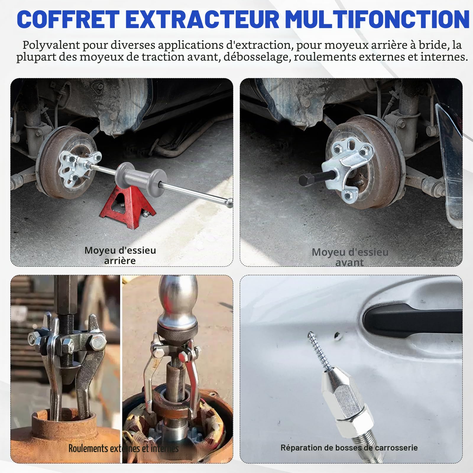 FreeTec 9-en-1 Extracteurs à Marteau à Inertie, Extracteur de Moyeu de Roue Avant et Arrière, 2/3 Mors Arrache Roulement à Inertie Interne et Externe, Arrache Bosse Carrosserie pour Réparation Auto