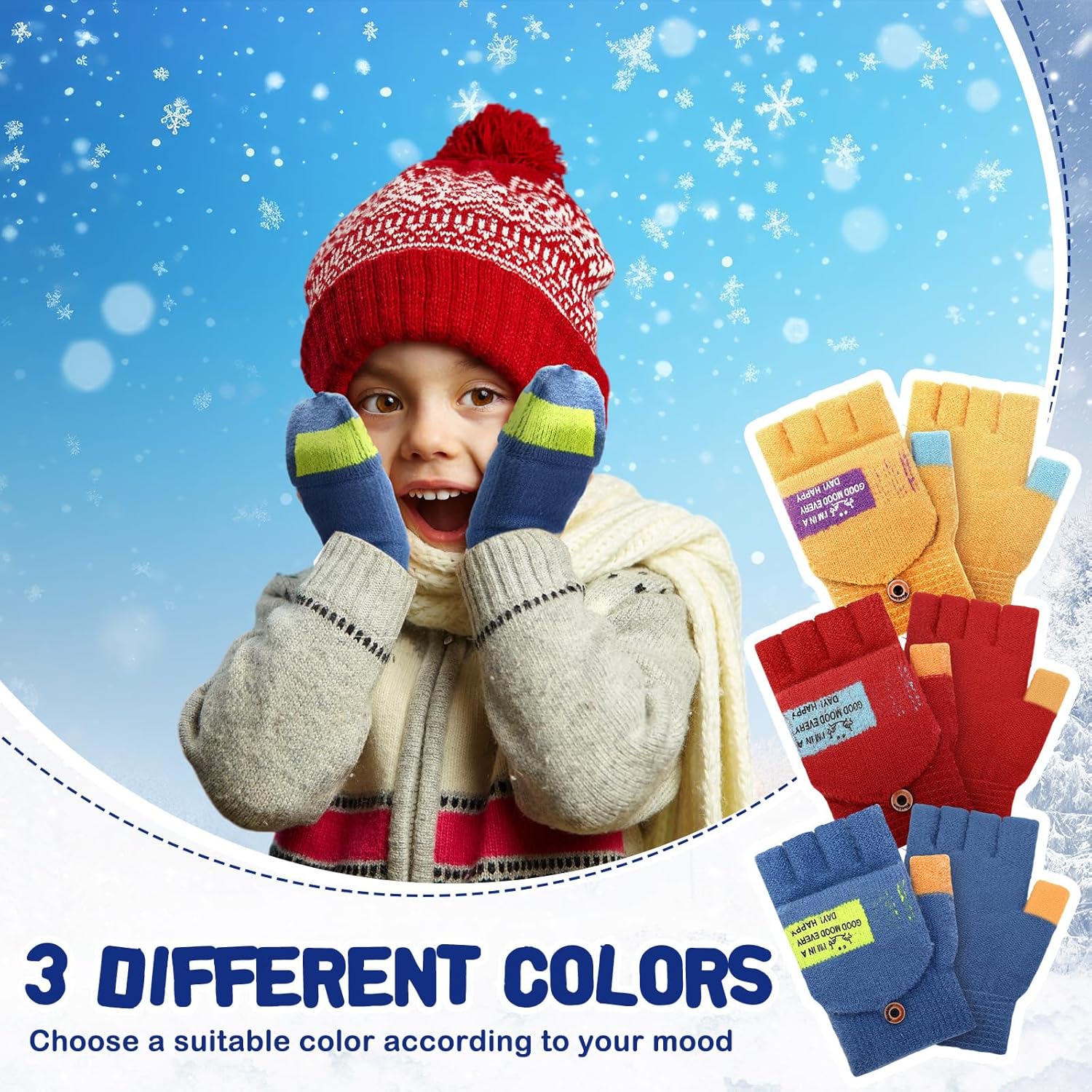 3 Pairs Kids Fingerless Gloves Winter Mittens Convertible Flip Top Warm Gloves for 7-12 Toddler - Image 5