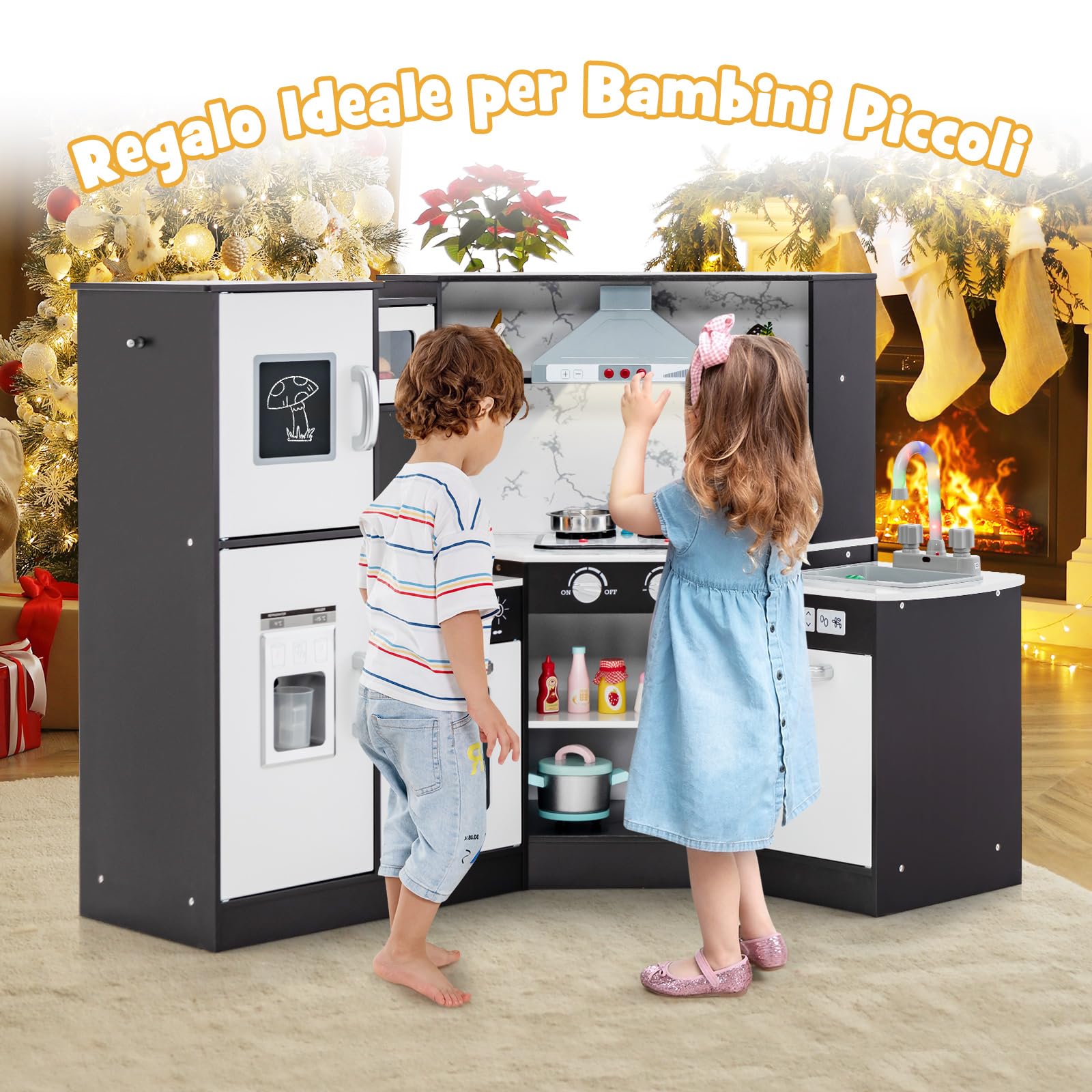 COSTWAY Set di Cucina Giocattolo per Bambini, con Suoni e Luci Divertenti, Lavabo, Forno a Microonde, Macchina del ghiaccio e Lavastoviglie, Lavagna, Ideale per Bambini 3 Anni+ (Caffè)