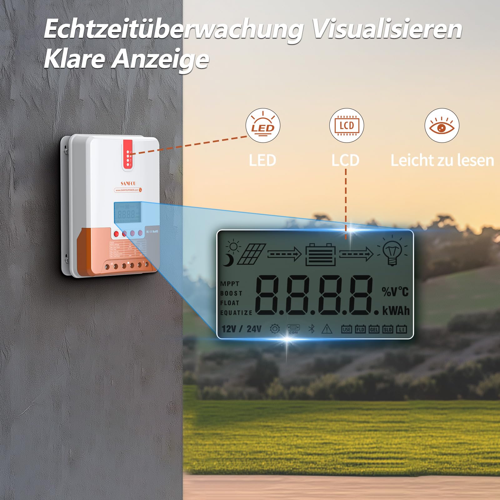 12V/24V 30 Amp MPPT Solarladeregler mit einstellbarer LCD-Anzeige, Solarpanel-Regler, Standard für LiFePO4-Batterien und Kompatibilität mit anderen Batterietypen für Wohnmobil und Off-Grid