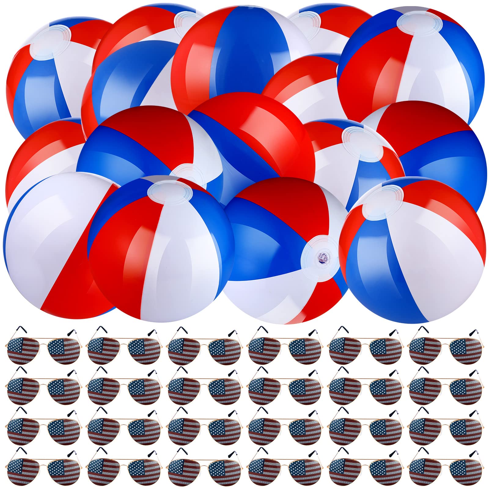 Photo 1 of 48 Pcs Independence Day Pool Party Kit 24 Inflatable Patriotic Beach Balls 12 Inch 4th of July Pool Game Balls and 24 American Flag Sunglasses for 4th of July Party Favor Accessories