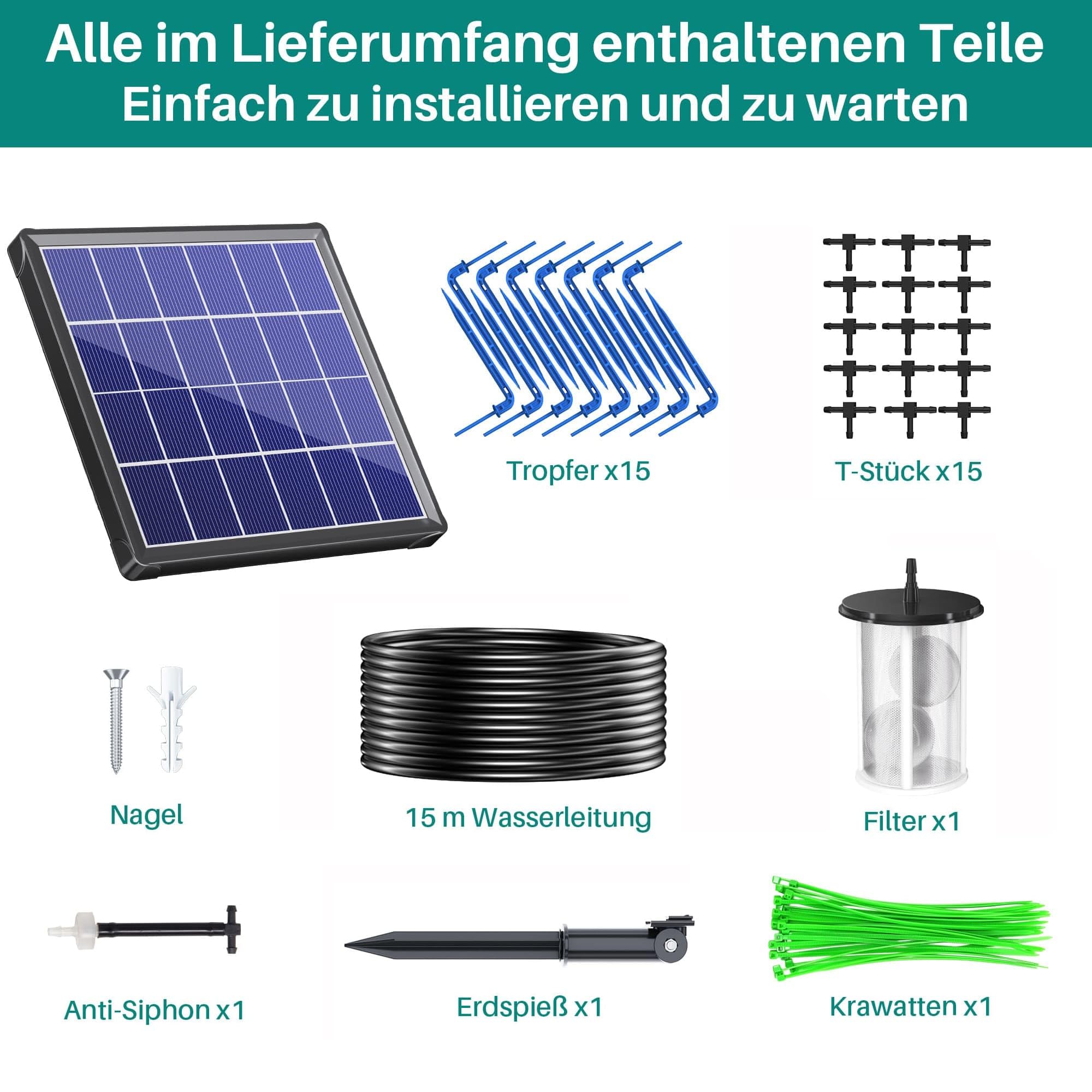 Biling Solar Bewässerungssystem, 15m Automatische Tropfbewässerung mit Timer, 2.5W Solarpanel, für 12-20 Töpfe, Garten, Balkon, Gewächshaus, Urlaubsbewässerung