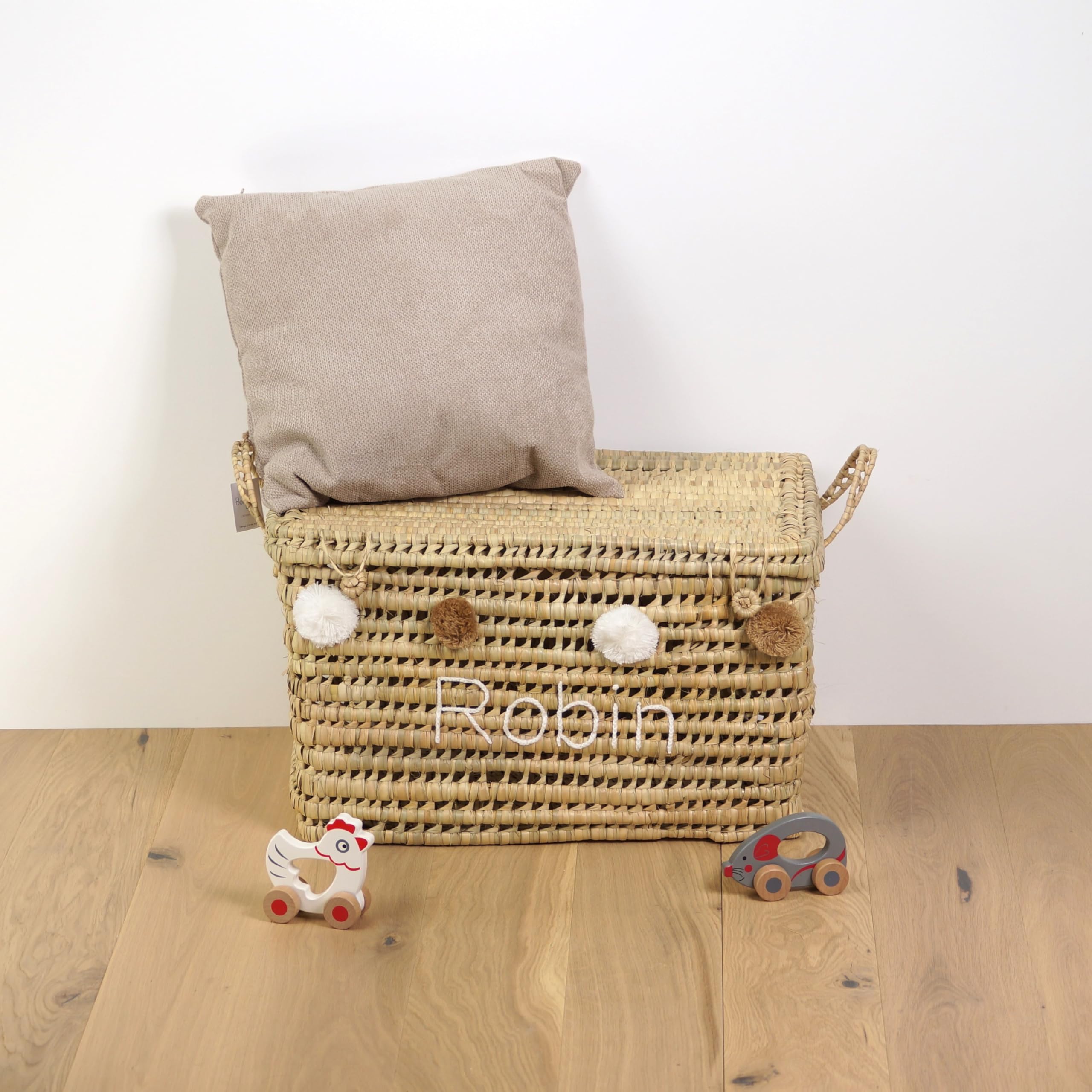 Coffre de rangement personnalisé 60cm (Broderie + Pompons)
