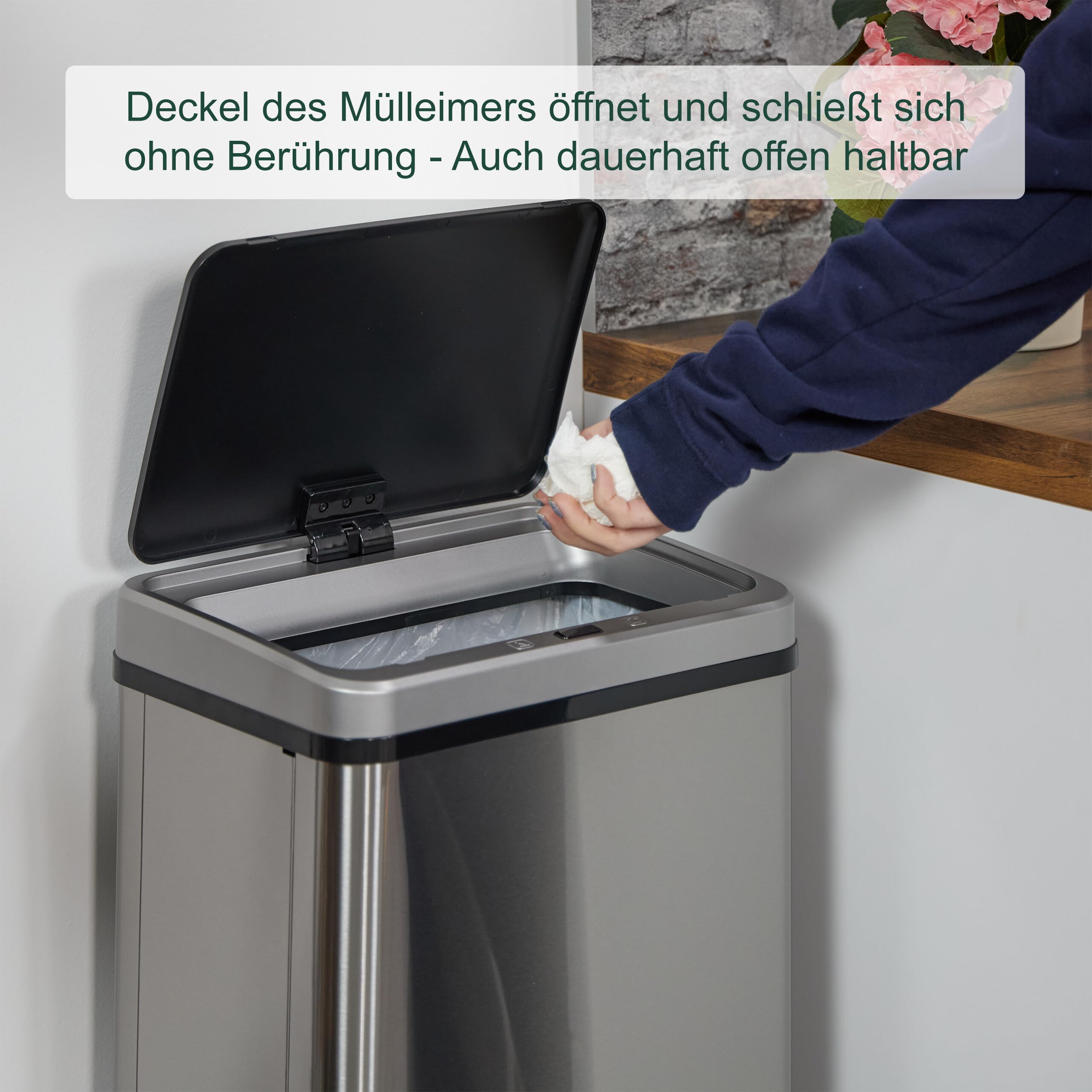 Relaxdays Mülleimer Sensor, 50 l, elektrischer Deckel, Müllbeutelhalter, Küchenmülleimer, Abfalleimer, Edelstahl, Silber