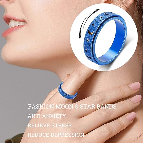 Miniatura 5 de OreilleStar - Anillo de mujer para la ansiedad, juguetes giratorios antiestrés para adultos, acero inoxidable, luna y estrella, azul, talla 8