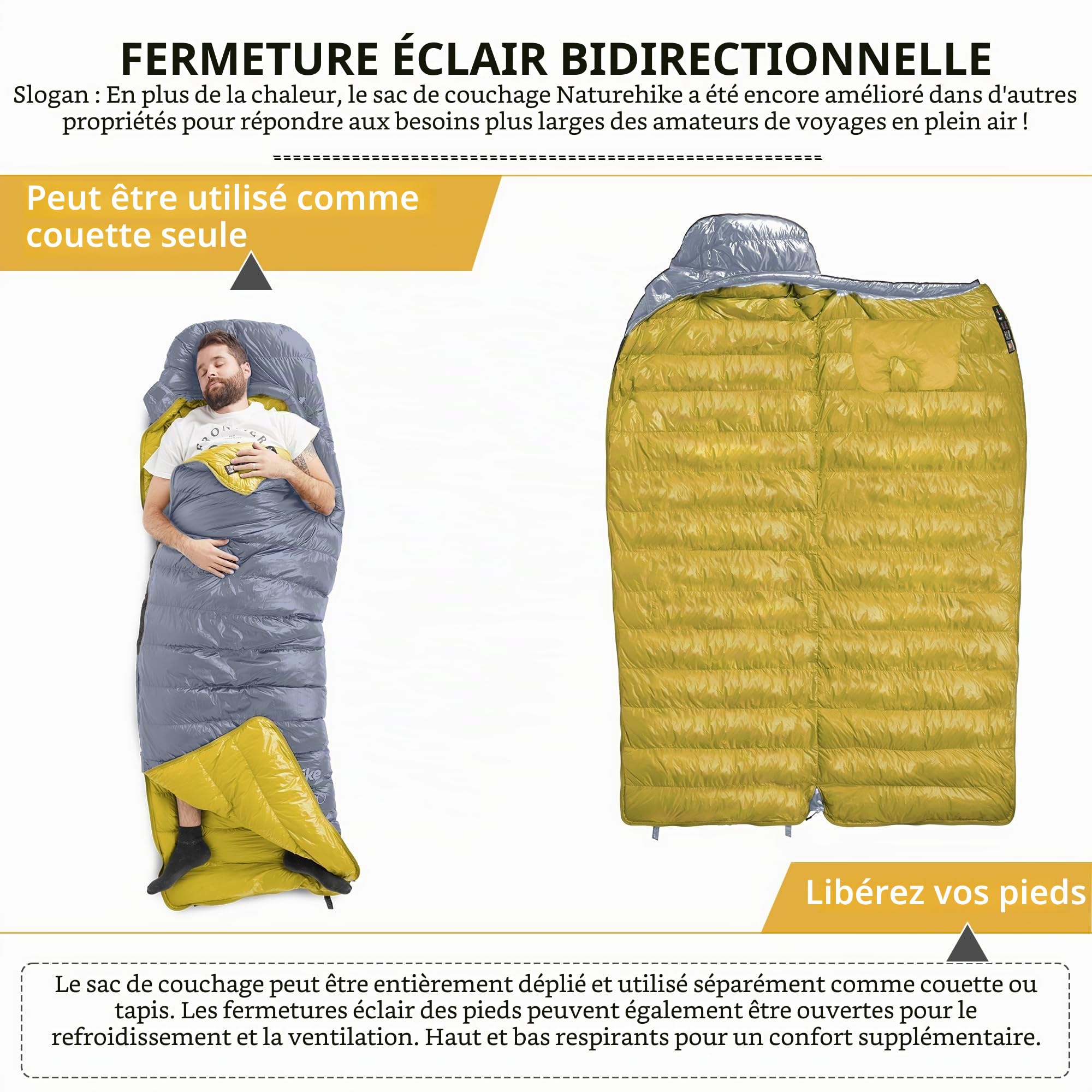 Naturehike CW700 Sac de couchage en duvet ultra léger et portable 4 saisons pour adultes et enfants en plein air camping randonnée voyage avec sac de compression