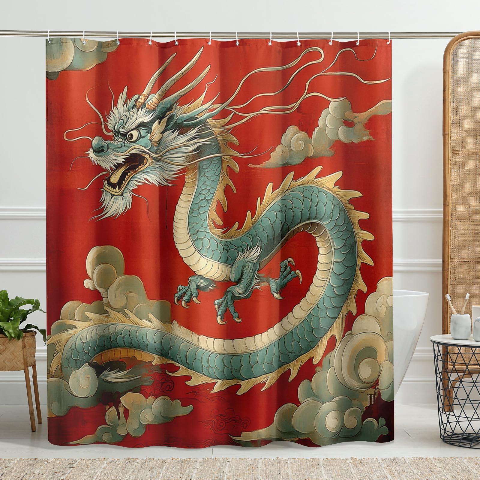 Dragon Shower Curtain, Watercolor Green Blue Chinese Dragon Shower Curtain for Bathroom Decor, Spring Summer Modern Asian Art Waterproof Fabric Shower Curtain Set with Hooks 72x72 Inch