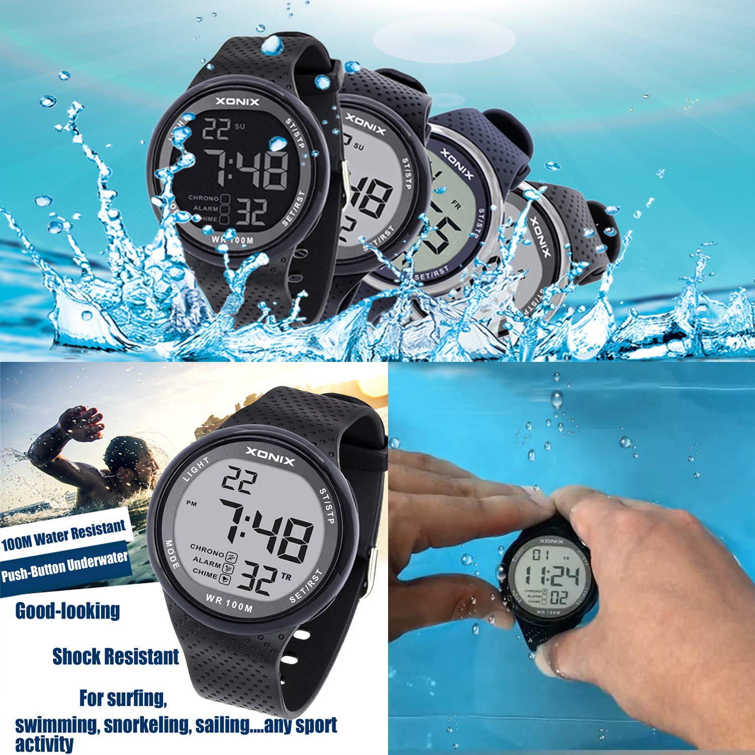 Herren digitale LED Uhr mit geringem Verbrauch Multifunktions wasserdicht 100 m Wassersport Tauchen Schwimmen Silikonarmband Durchmesser 44 mm…