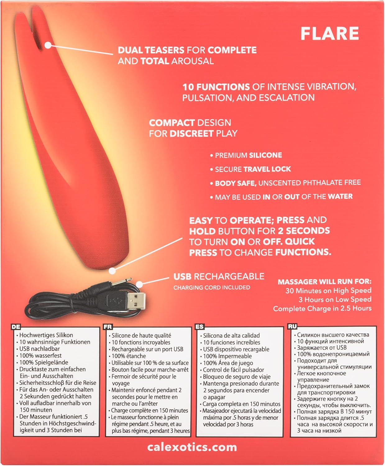 CalExotics Red Hot Flare - 10-Function Waterproof Vibrator – Rechargeable Silicone Compact Teaser Vibe – Adult Sex Massager for Couples - Red