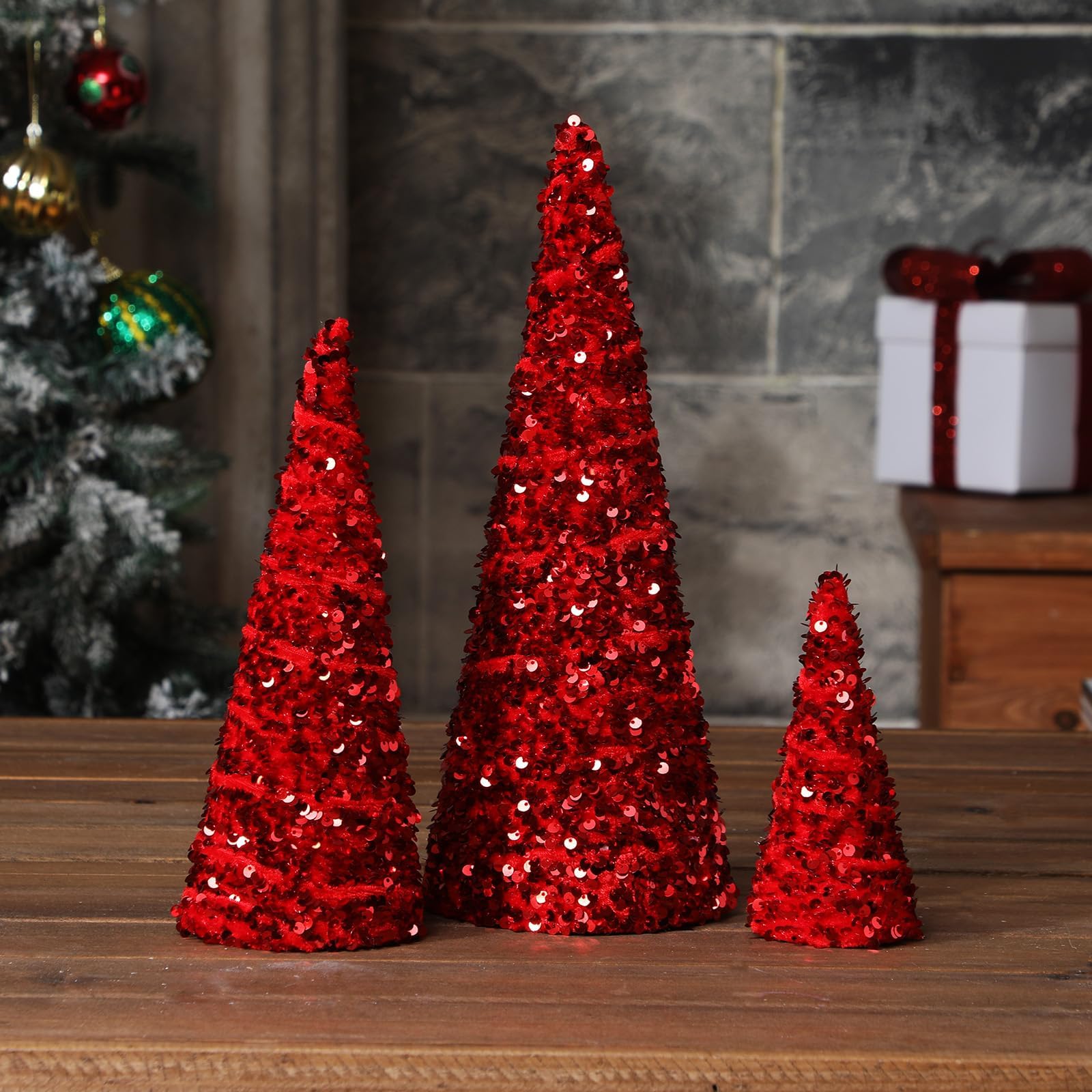 Ceenna 3 Pcs Christmas Velvet Trees Red Confetti Cone Tabletop Mini Modern Christmas Tree Decorations Winter Holiday Mantel Shelf Decor for Farmhouse Dining Tables Centerpiece