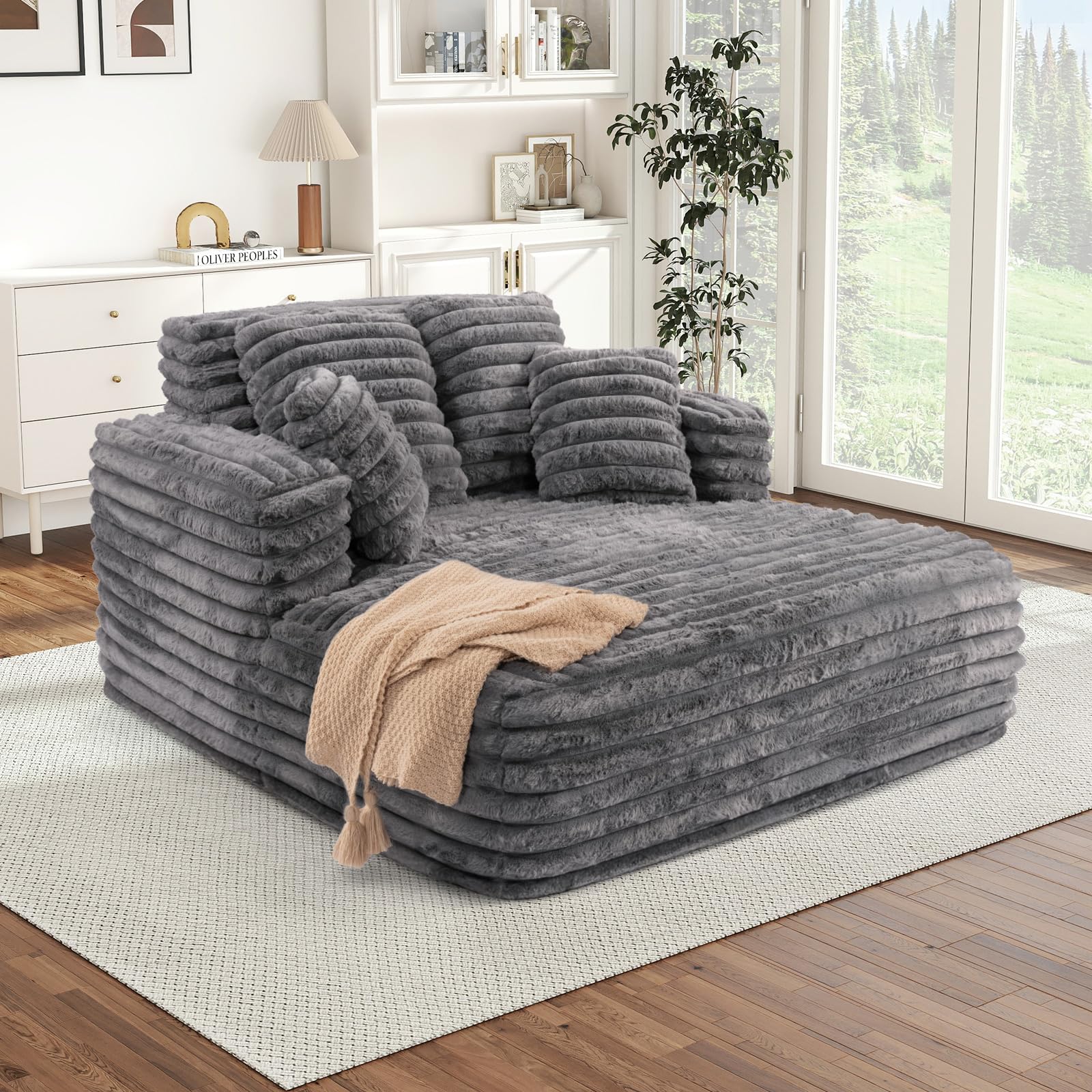 GEEVIVO Chaise Lounge Chair Indoor, Comfy Corduroy Plush Fluffy Foam Floor Compressed Sofa Chair, Leisure Reading Single Sleeper Chaise Chair for