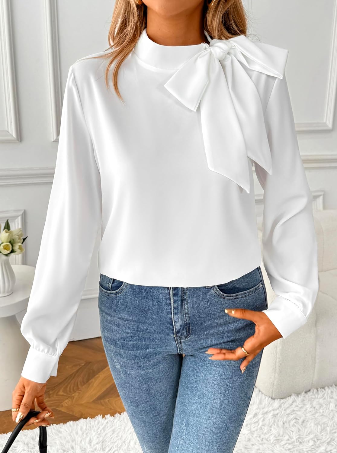 SOFIA'S CHOICE Women's Bow Tie Neck Corporate Outfits Long Sleeve Dressy Blouse Casual Business Shirt Top - Image 4