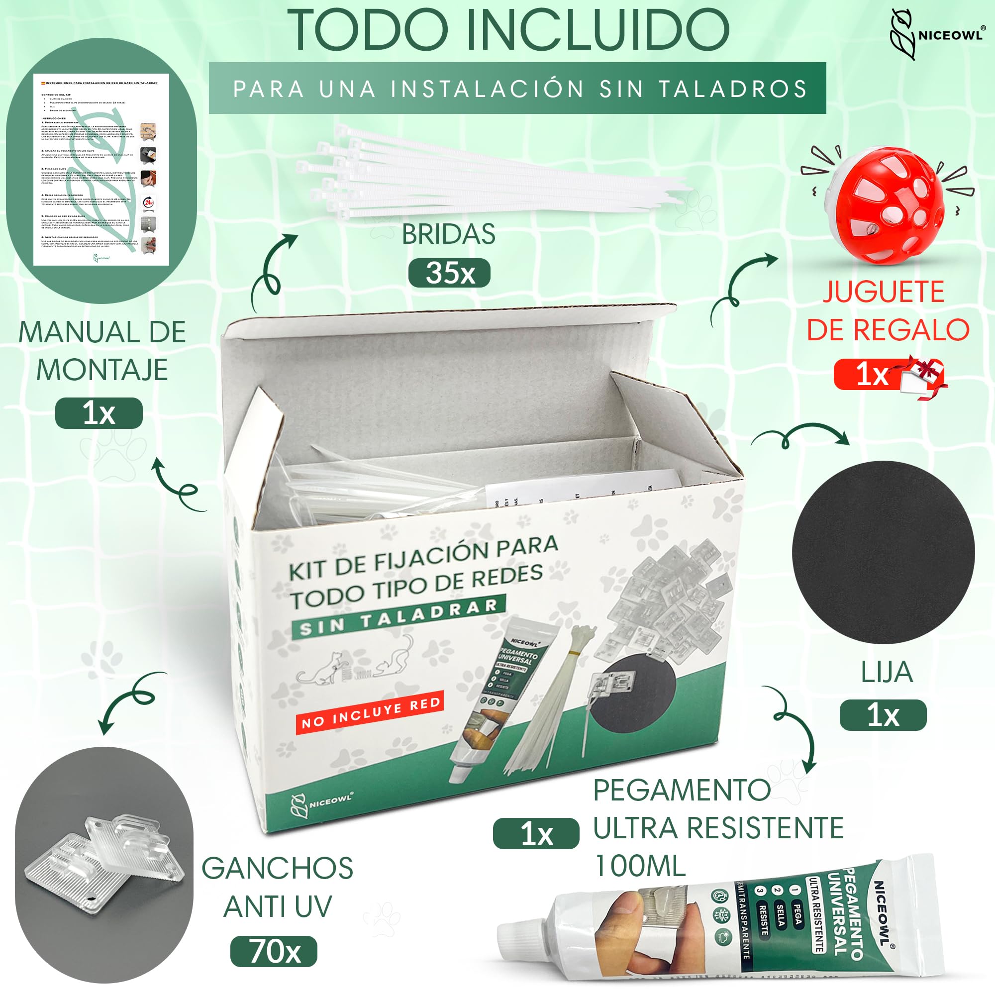 Kit de Fijación Red Sin Taladros | Juguete Gratis | Pack 70 Ganchos Adhesivos + 100ml Pegamento Universal +35 Bridas + Lija | Red para Gatos Terraza | Clips Anti UV | Red Gatos Terraza