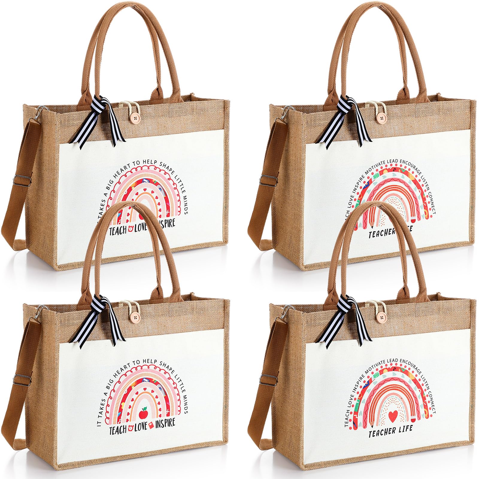 Cosblank 4 Pcs Teacher Appreciation Gifts Rainbow Teacher Tote Bag, Inspirational Quotes Canvas Teacher Bag Thank You Teacher Burlap Totes Bag with