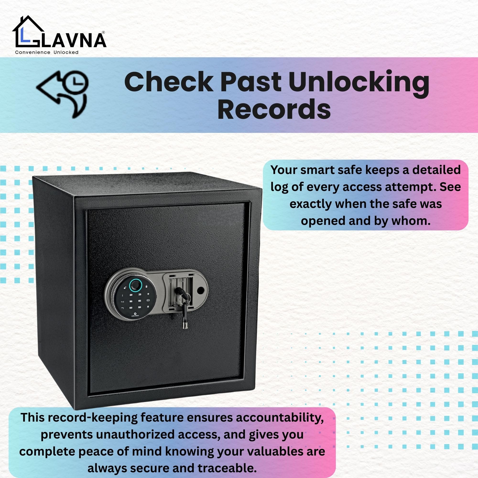 LAVNA Smart Safe Locker | 5 way access | Fingerprint, Mobile app, PIN, OTP & Key Access | 304 Grade SS bolts suitable for Jewellery, Cash, Document & other valuable of Home Office Tijori (Gross 39L) — Amazon image 7