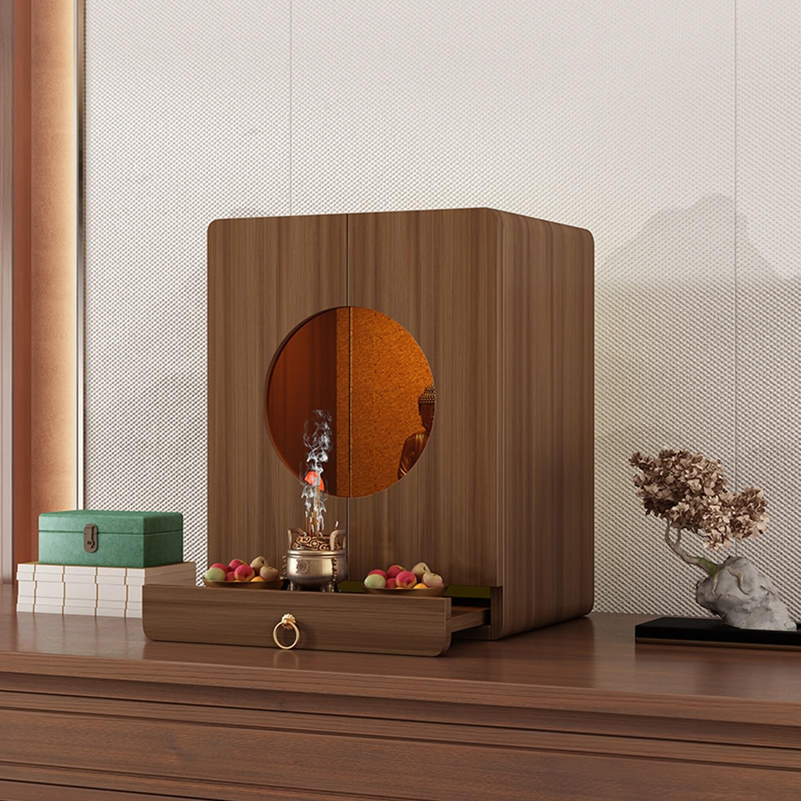 Armario de altar, mesa Pooja con cajón, escritorio de meditación, santuario personal para culto y ofrendas, exhibición de cenizas de mascotas, estante de Buda, decoración del hogar