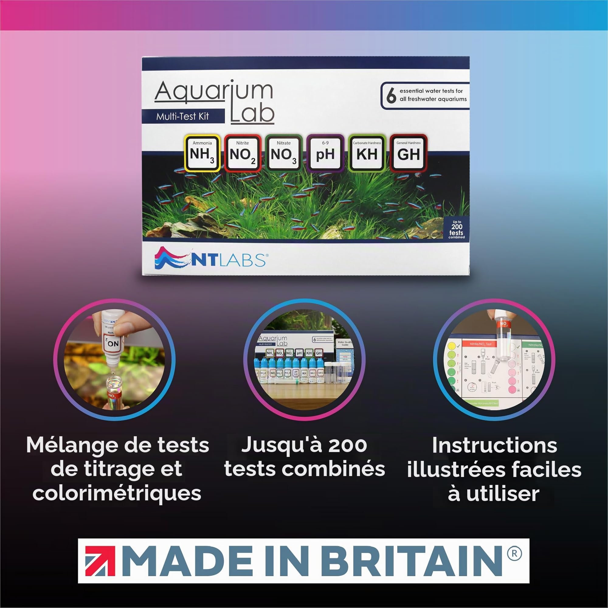 NT Labs Kit de test pour aquarium - Test de l'eau d'aquarium - ammoniaque, nitrite, nitrate, pH, dureté carbonate (KH) et dureté générale (GH).
