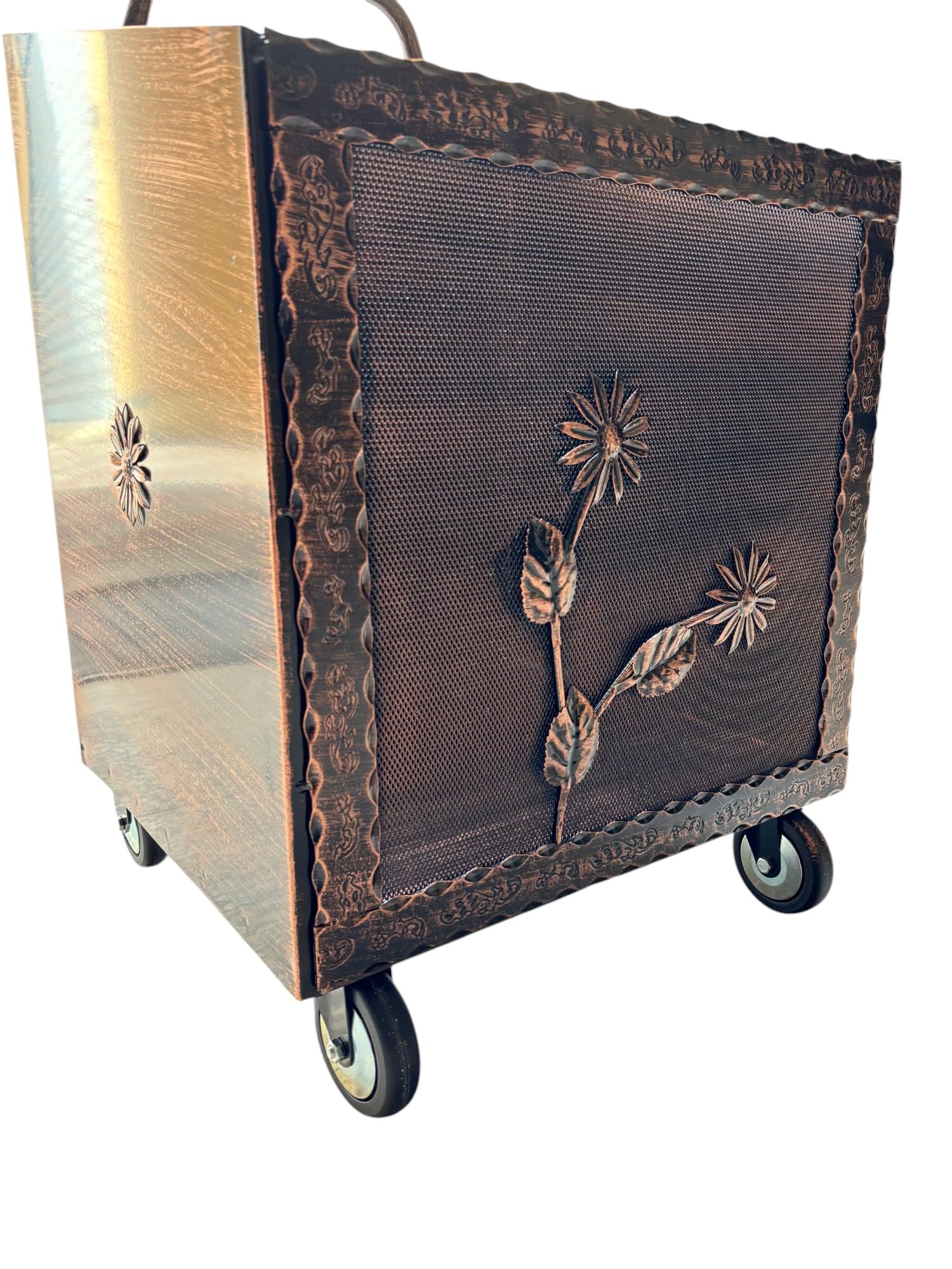Porta Legna con Ruote, Porta Pellet, in Ferro Battuto, 52 x 50 x 84h cm, Motivo Floreale, Per Camino e Stufe (Rame)