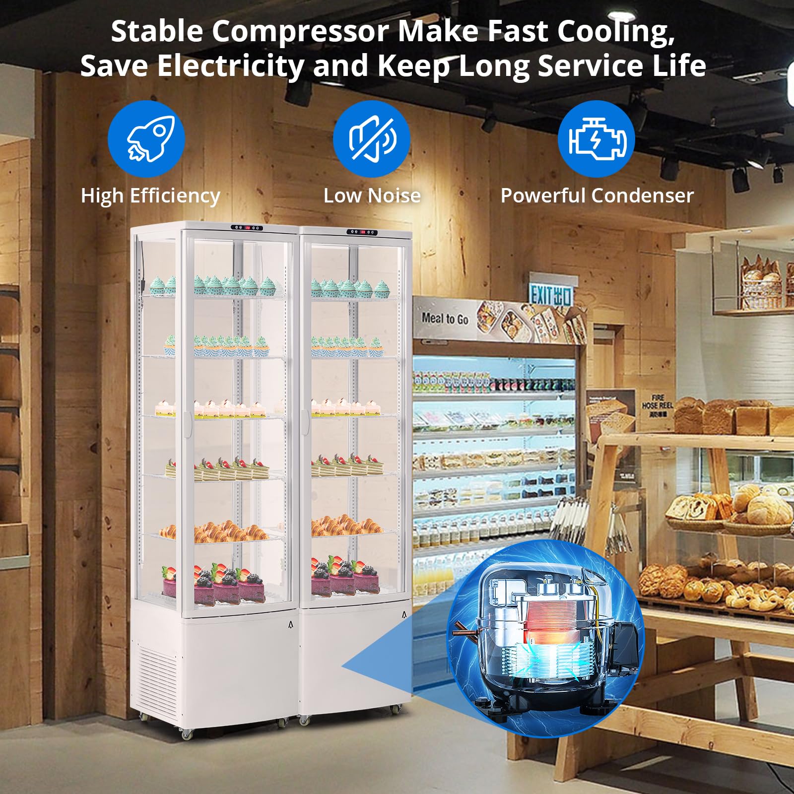 10.5 Cu.Ft Rolling Commercial Refrigerator Display Case With LED Light, Floor-Standing Pastry Display Fridge, Auto Defrost, Air-Cooling, Digital Controller, Ideal for Store, Cafe, Bakery White