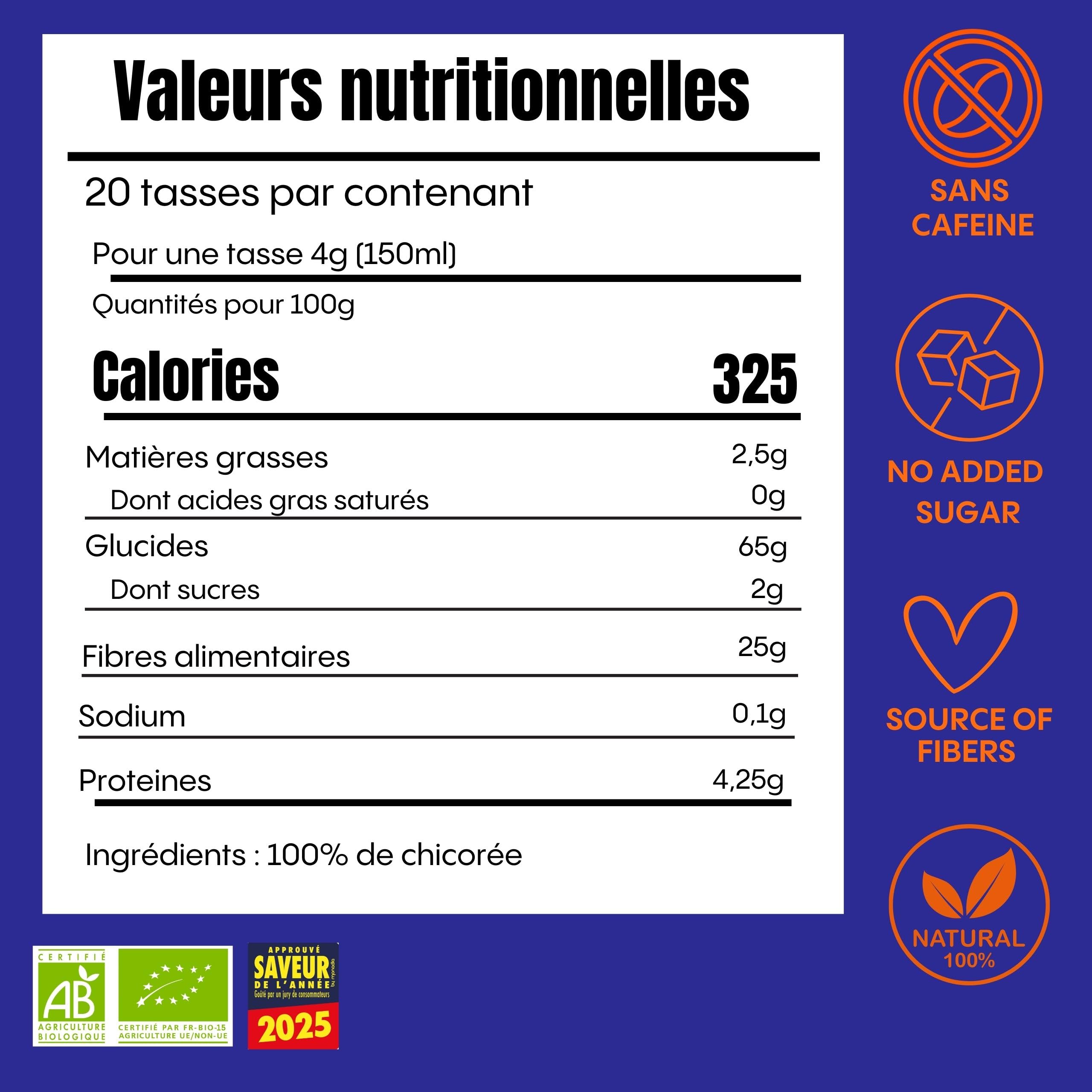 CHERICO Chicorée soluble – Pack de 6 x 100g - Chicorée sans caféine nature - Riche en fibres - Origine végétale - Notes toastées et noisette