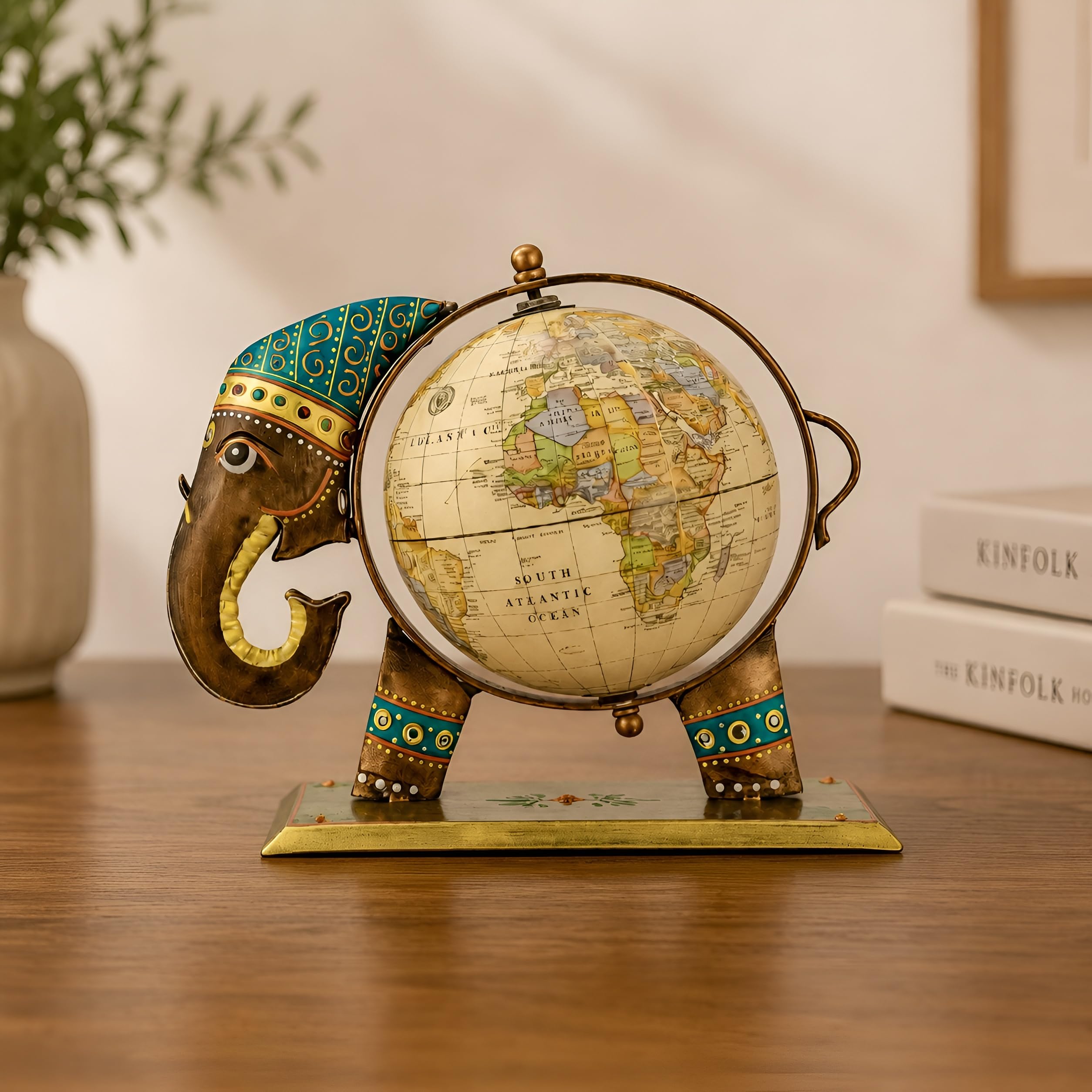 Desi Craft Decor Antique Handcrafted Metal Elephant Globe Showpiece | Political Map, Vintage Rotating Decorative Tabletop for Home Decor, Office Desk & Study Table