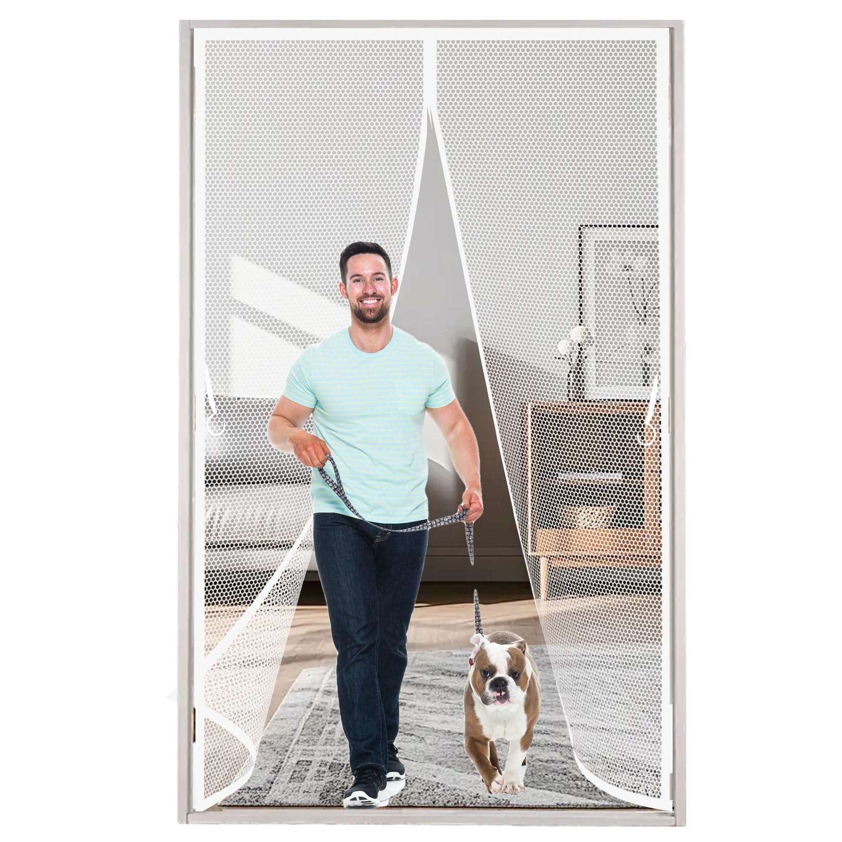 Liujyuan White Mosquito Door Screen 110 X 235 Cm Full Frame Magic Tape, Powerful Magnets Screen Mesh Curtain Without Drilling, Heavy Duty Pet And Kid Friendly,