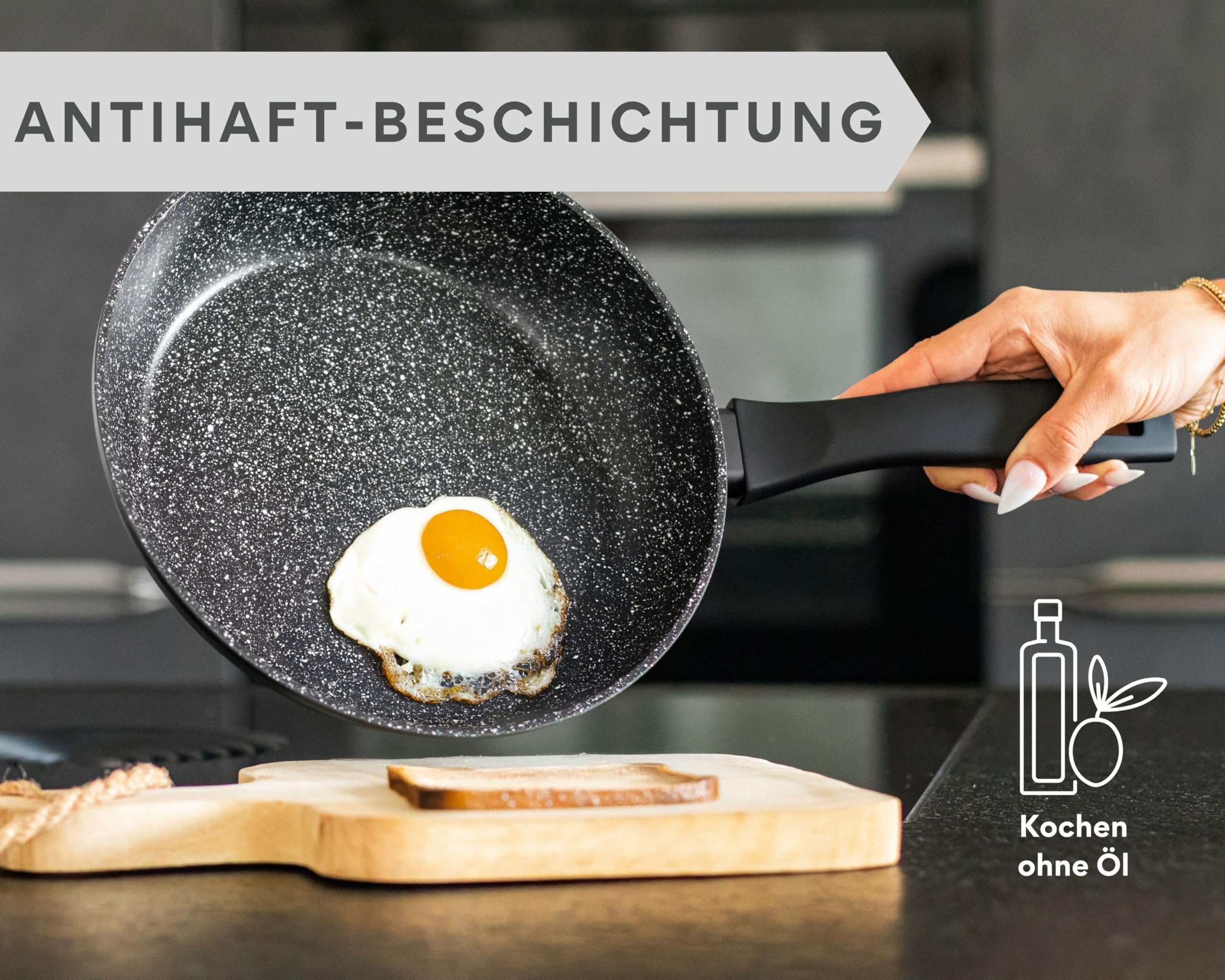 DIVORY Juego de sartenes de 3 piezas Sartén 20cm, 24cm, 28cm Inducción - Sartén universal grande con revestimiento antiadherente para todo tipo de cocinas - apto para lavavajillas (Mango: Negro)