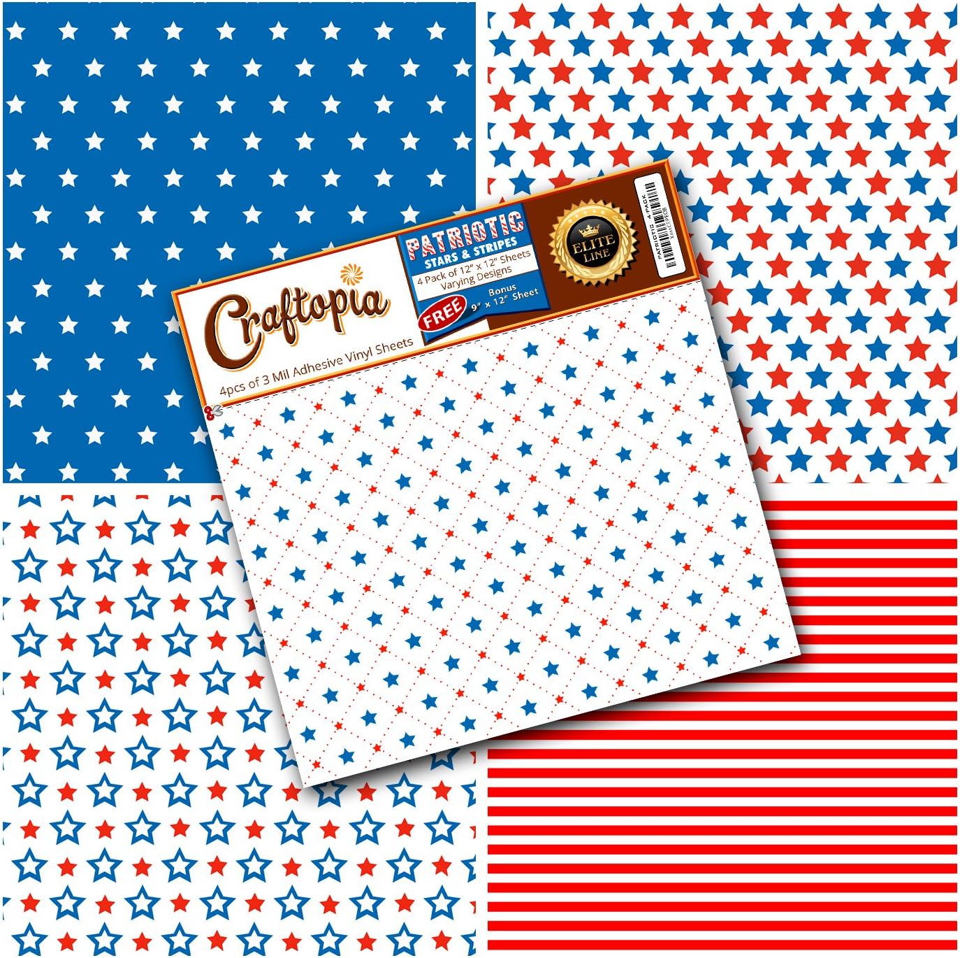 Patriotic Pattern Vinyl Sheets 4th of July Prints 4+1 Pack | USA American Flag Stars & Stripes Red White Blue Printed Pattern for Cricut Silhouette Cameo Craft Cutter | Comparable to Oracal 651