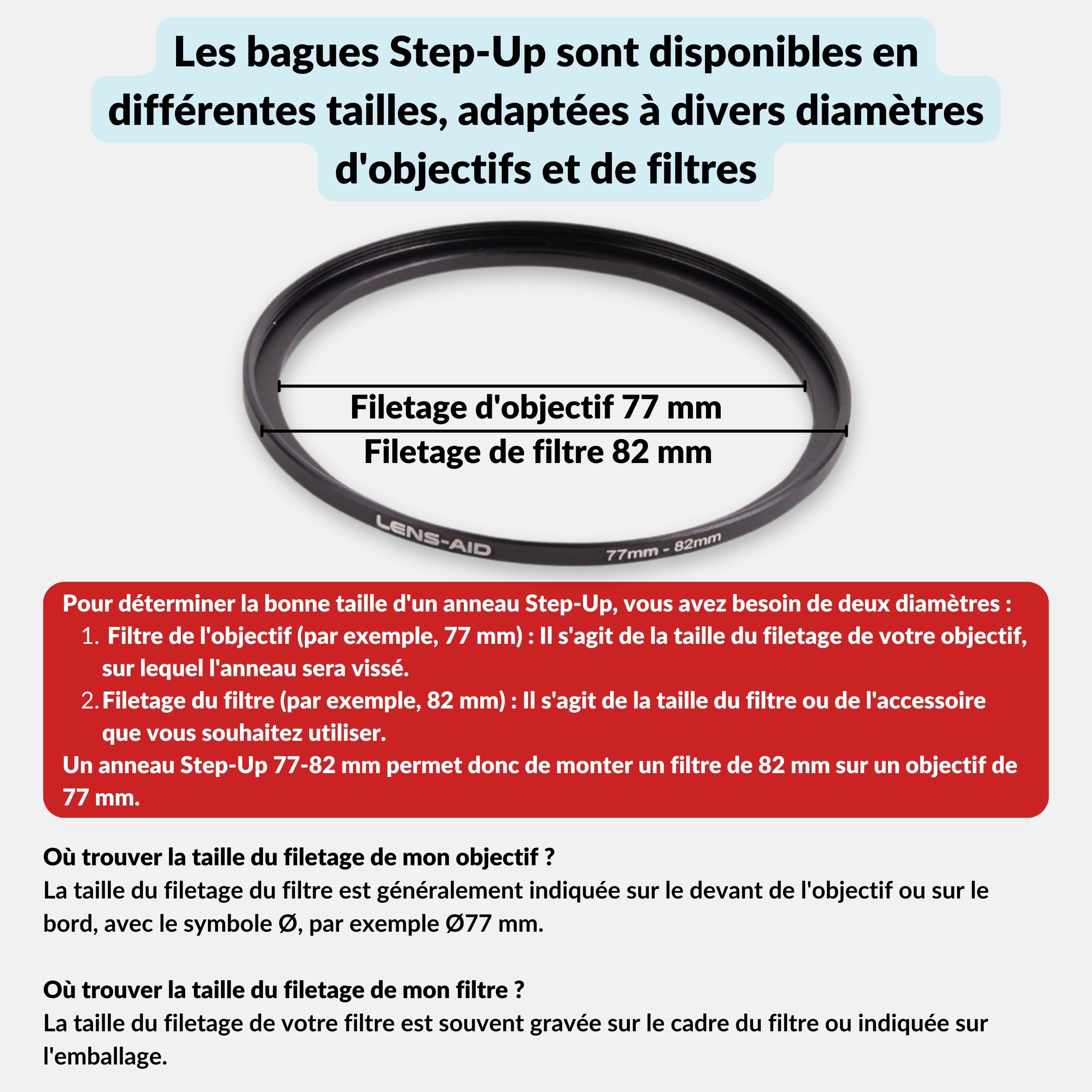 Lens-Aid Anneau Step Up 77–82 mm – Bague d’Adaptation Filtre métal Ultra Plate CNC Noir Mat, pour filtres ND, UV, CPL – Compatible avec Nikon, Canon, Sony, Fujifilm et Autres Marques