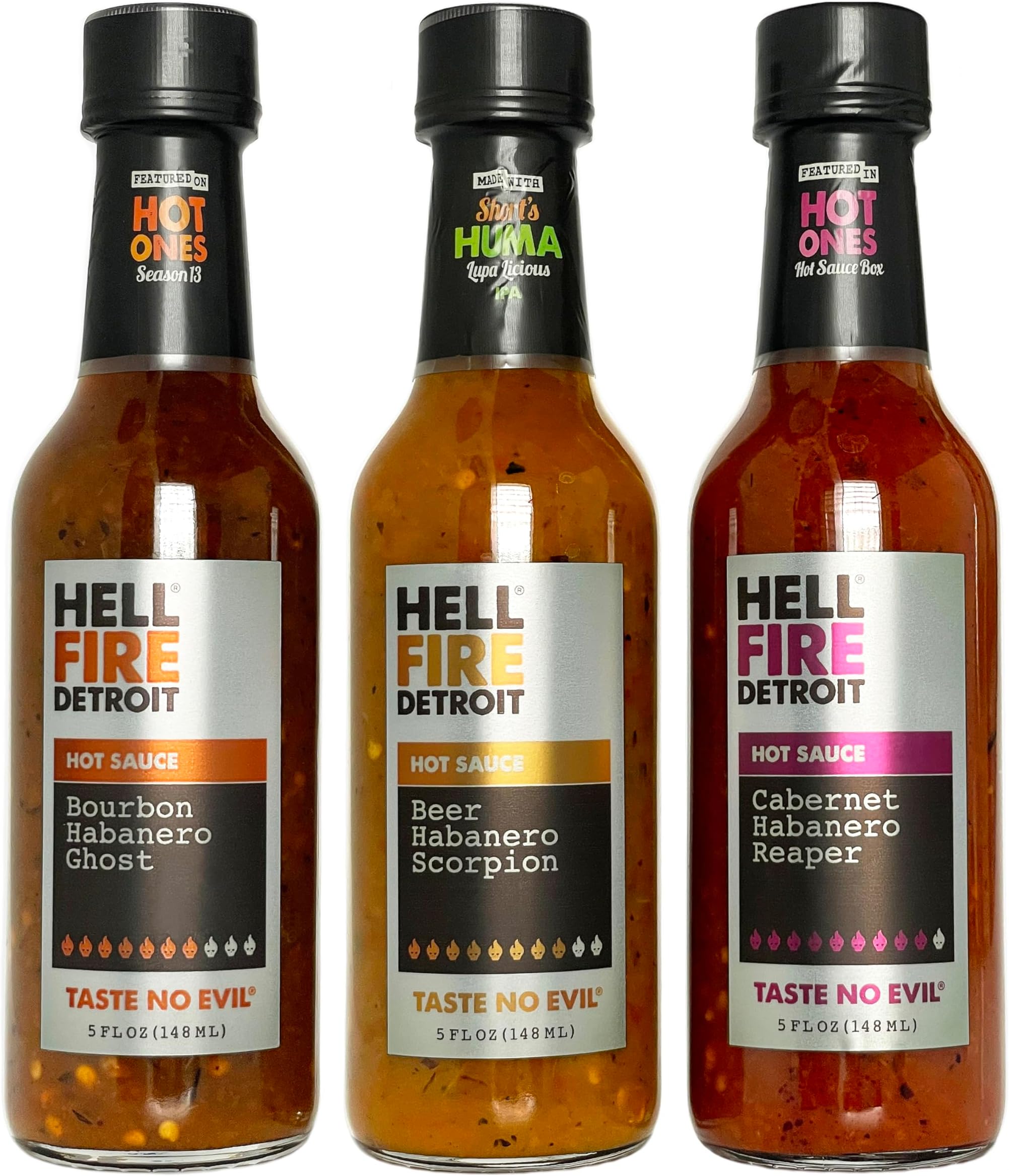 Hell Fire Detroit Hot Box #2 Gift Box (Extra Hot), Crafted with Fresh, Fire-Roasted Habanero, Ghost, Scorpion, and Reaper Chile Peppers, All-Natural, Vegan, Gluten-Free, Low Sodium – 5 Fl Oz (Pack of 3)
