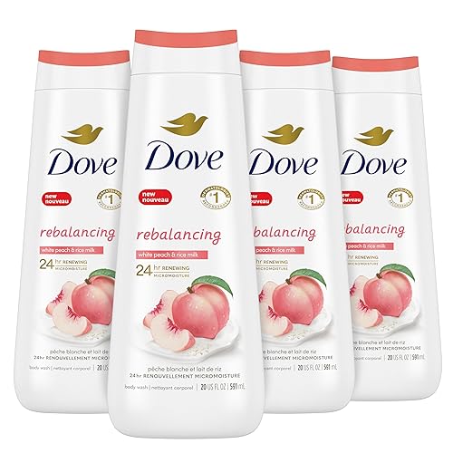 Dove Gel de baño reequilibrante de melocotón blanco y leche de arroz, 4 unidades para una piel renovada, de aspecto saludable, limpiador hidratante